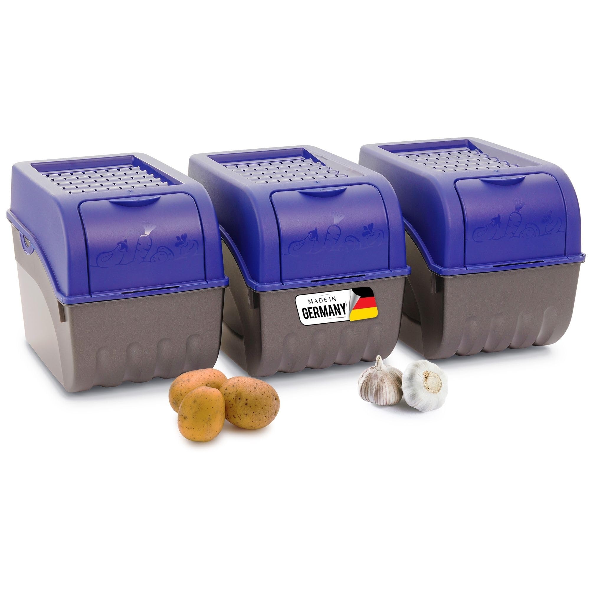Novaliv Kartoffel Aufbewahrungsbox | 3x groß 9L | Marine BLAU | Kartoffelbox | Gemüsebox stapelbar Zwiebelbox Kartoffelkorb Obstbehälter Kartoffelkiste Zwiebel Aufbewahrung Frischhaltedose Möhren