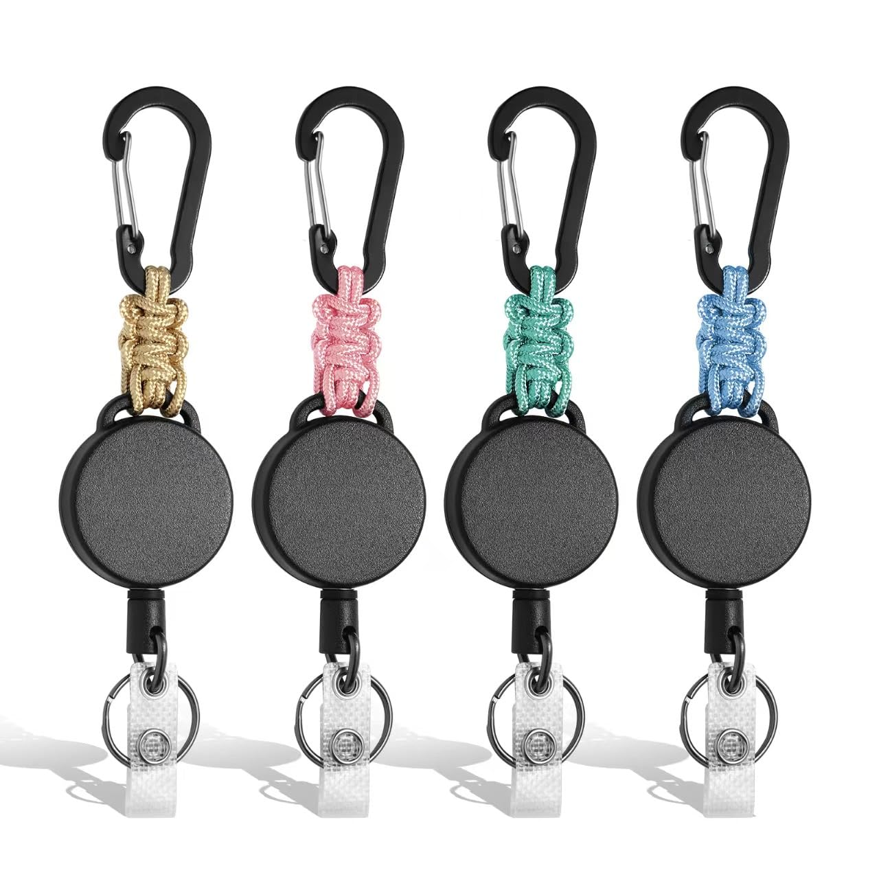 Photo 1 of *Yellow missing* Levateeta 4 Pack Retractable Keychain Heavy Duty Carabiner Badge Reel Bright Colored Retractable Carabiner Key Lanyard ID Holder Clip Steel Cord Key Fob Key Ring 4 Bright Colors