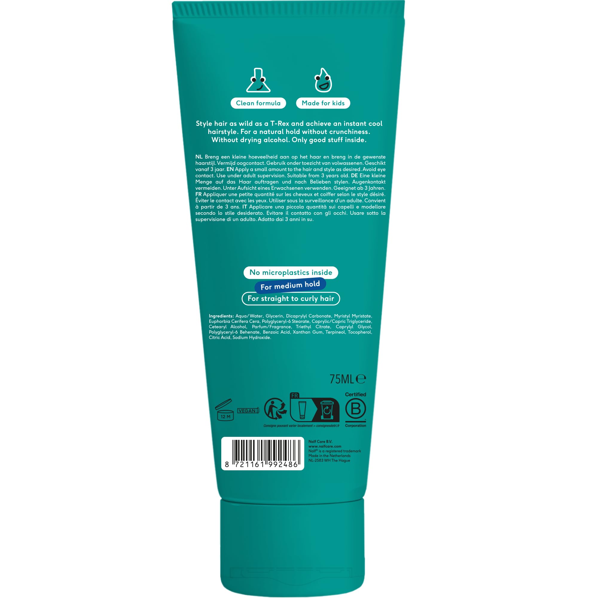 Naïf – Cera para niños a partir de 3 años – Gel de peinado fuerza media – Fórmula suave – 0% SLES – Testado dermatológicamente – Origen natural – 75 ml