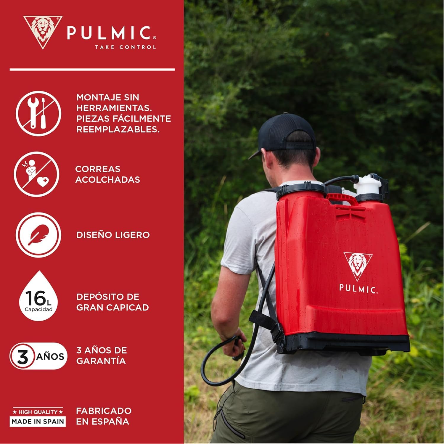PULMIC Pulverizador Manual de Espalda 16L Profesional + Lanza Telescópica 5 Metros, Sulfatadora para Fumigar Herbicidas e Insecticidas, Mochila Pulverizadora con Lanza Extensible Fibra de Vidrio
