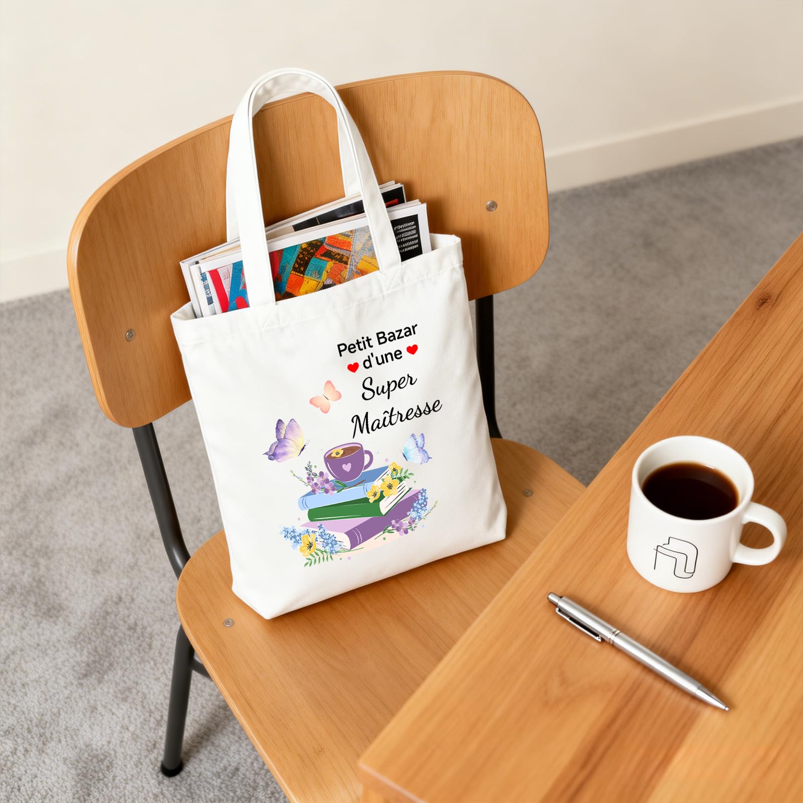 Cadeau Maitresse D'École, Cadeau Professeur Cabas Petit Bazar d'une Super Maîtresse Tote Bag Cadeaux Merci Maîtresse Rousse de Maquillage Cadeaux Maitresse D'école Fin D'année Sac