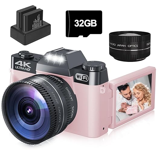 4K 56MP Digital Camera for Photography,Vlogging Camera for YouTube with Autofocus,3" 180° Flip Screen,16X Digital Zoom with 32GB TF Card and 2 Batteries(Pink