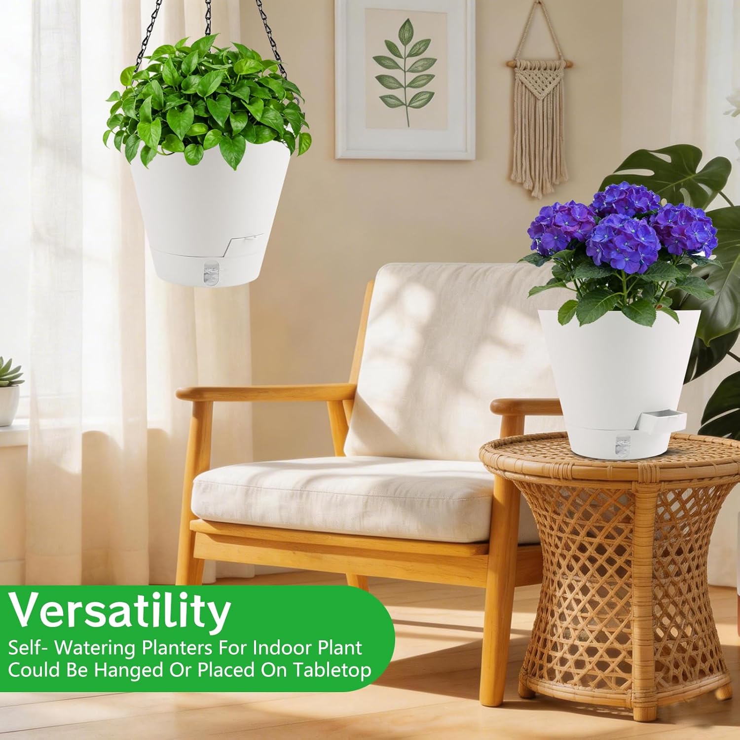 8 Inch Hanging Planters Indoor Outdoor, 3 Pack Plastic Self Watering Plant Pots with Drainage Holes & Saucers, Hanging Baskets Flower Pots with Chain for Ivy, Spider Plant, Pothos, Ferns