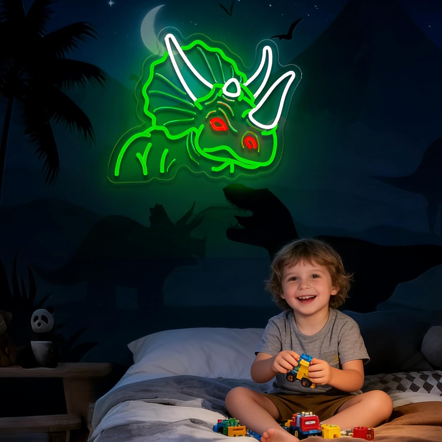 Dinosaur Neon Sign Triceratops Neon Sign for Wall Decor Dino USB Dimmable Neon Light Sign for Boys Girls Room Gameroom Holiday Birthday Christmas Gift - Image 2