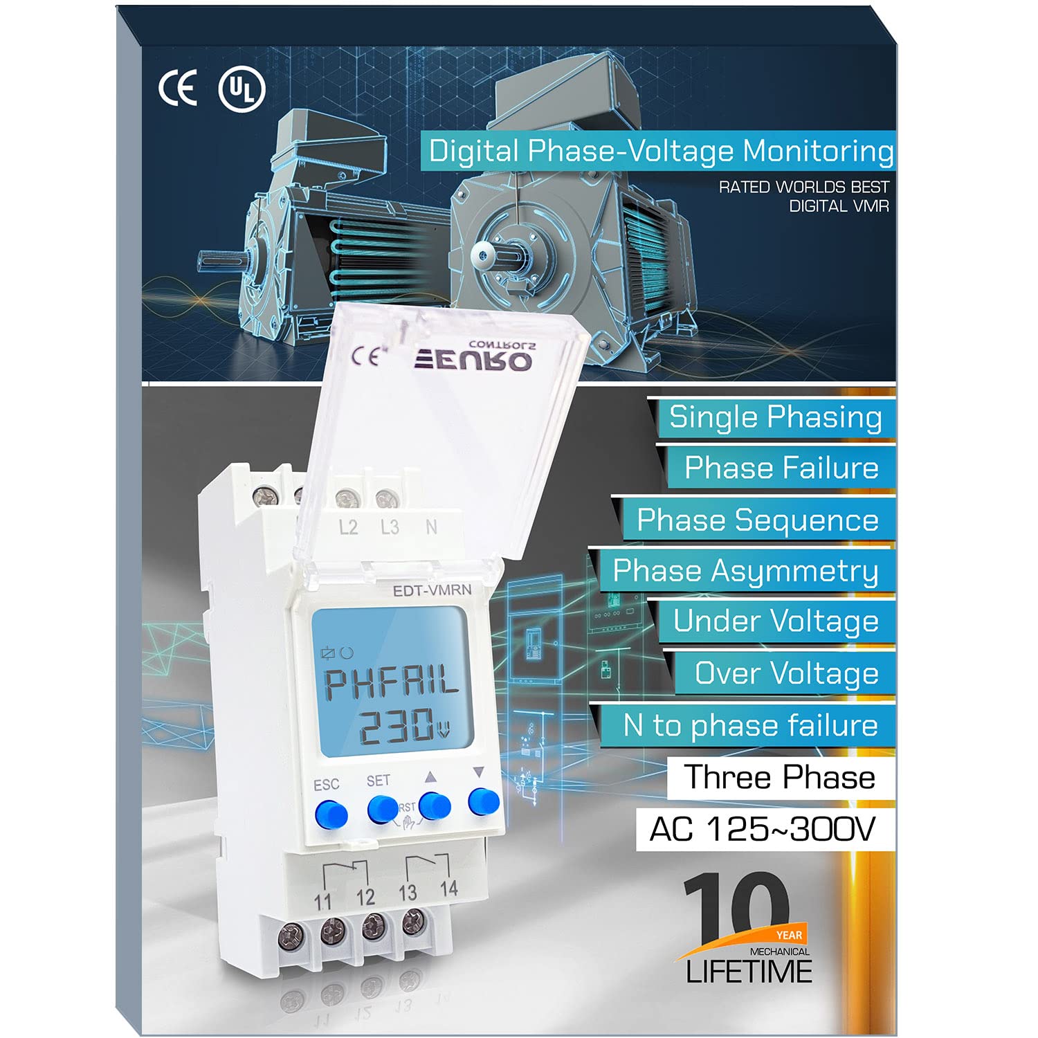 EuroControls Euro EDT-VMRN Phase & Voltage Monitoring Relay - 3 phase - Adjustable - Single Phase Prevention - Phase failure, Sequence, Asymmetry - Under/Over Voltage - N to Phase failure AC 125-300v