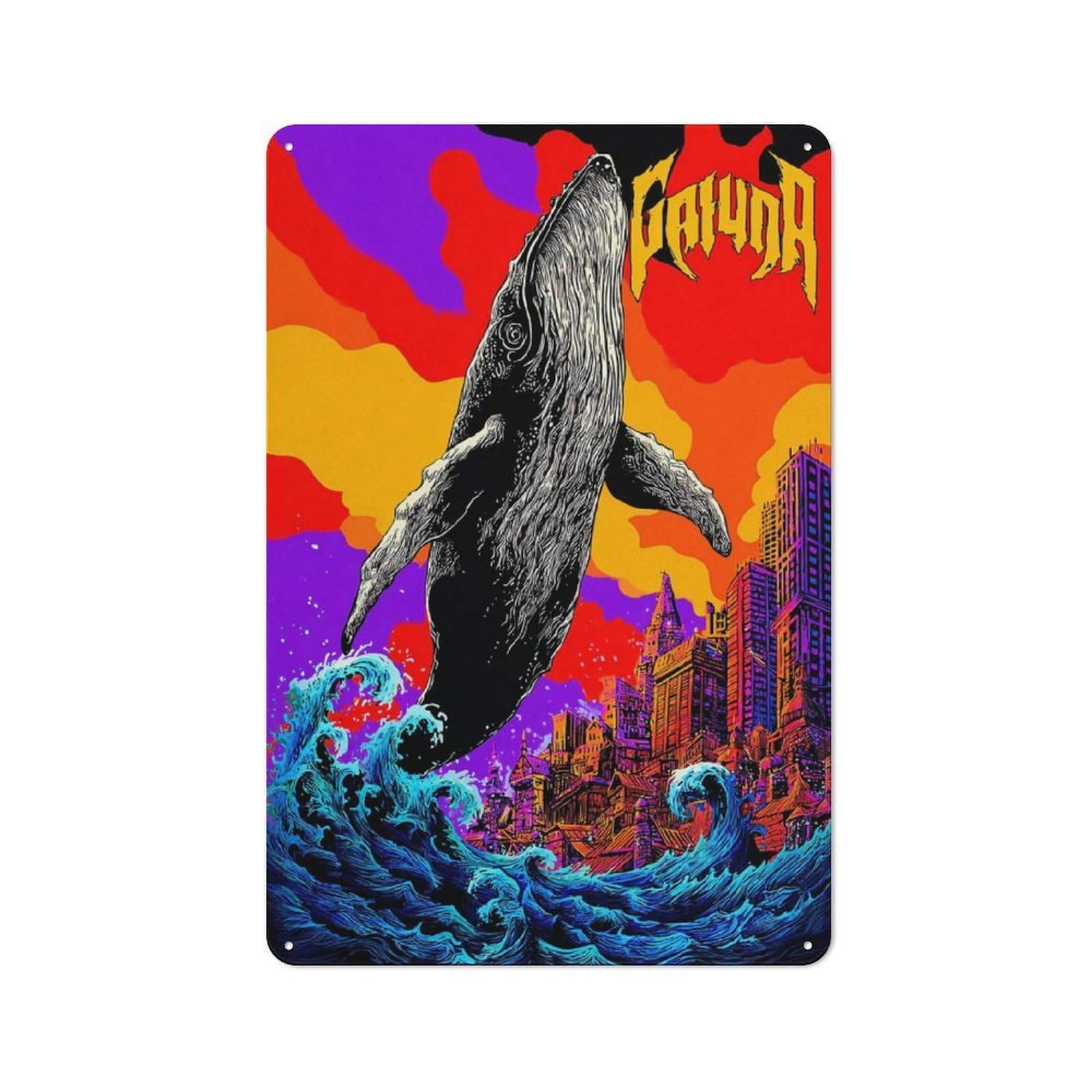 Junmoney Whale Breaching Cityscape Artwork Tin Wall Plaque 30X20cm With For Guest Room Or Hallway, For Hallway Wall Decor Fans