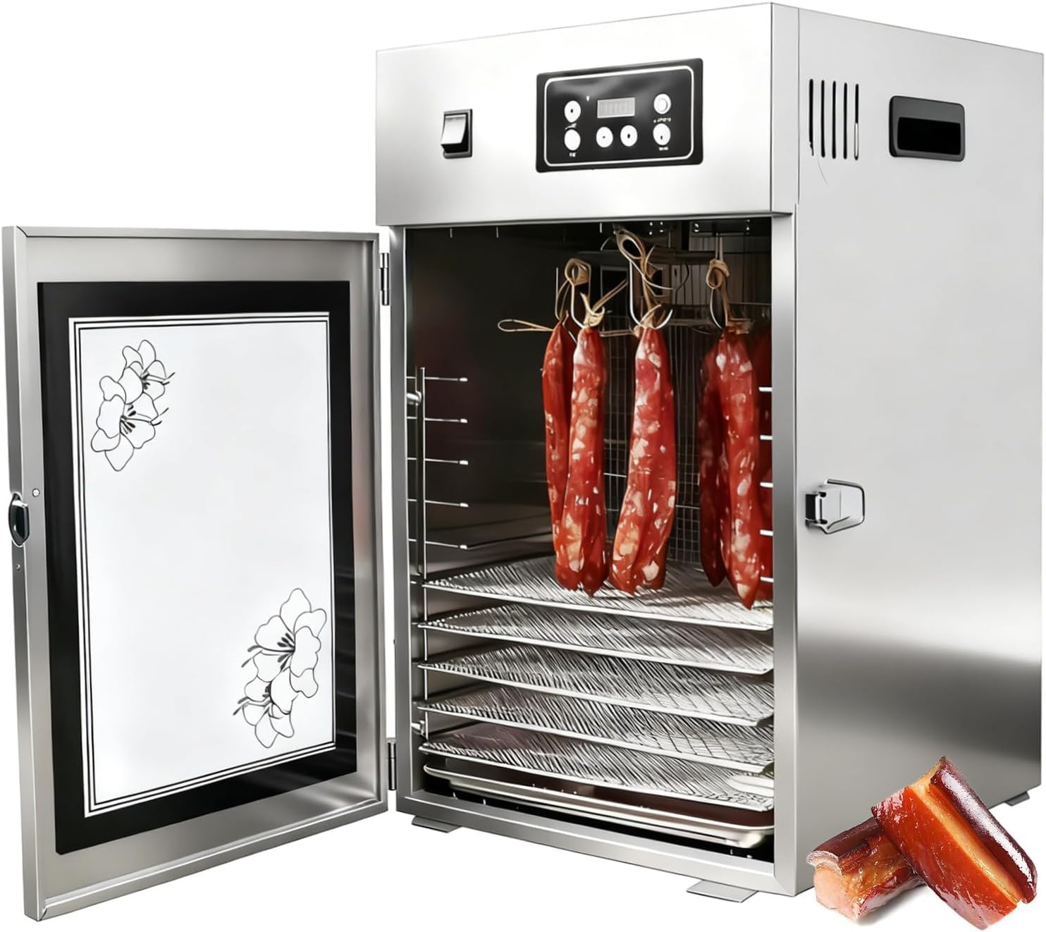 Profesjonalna suszarka do mięsa 800 W, duża pojemność 7,5 kg, obrotowa szafka 360°, sterowanie 30-90°C, 14 haczyków ze stali nierdzewnej, do kiełbasy, szarpnięcia, szynki, ryb, owoców