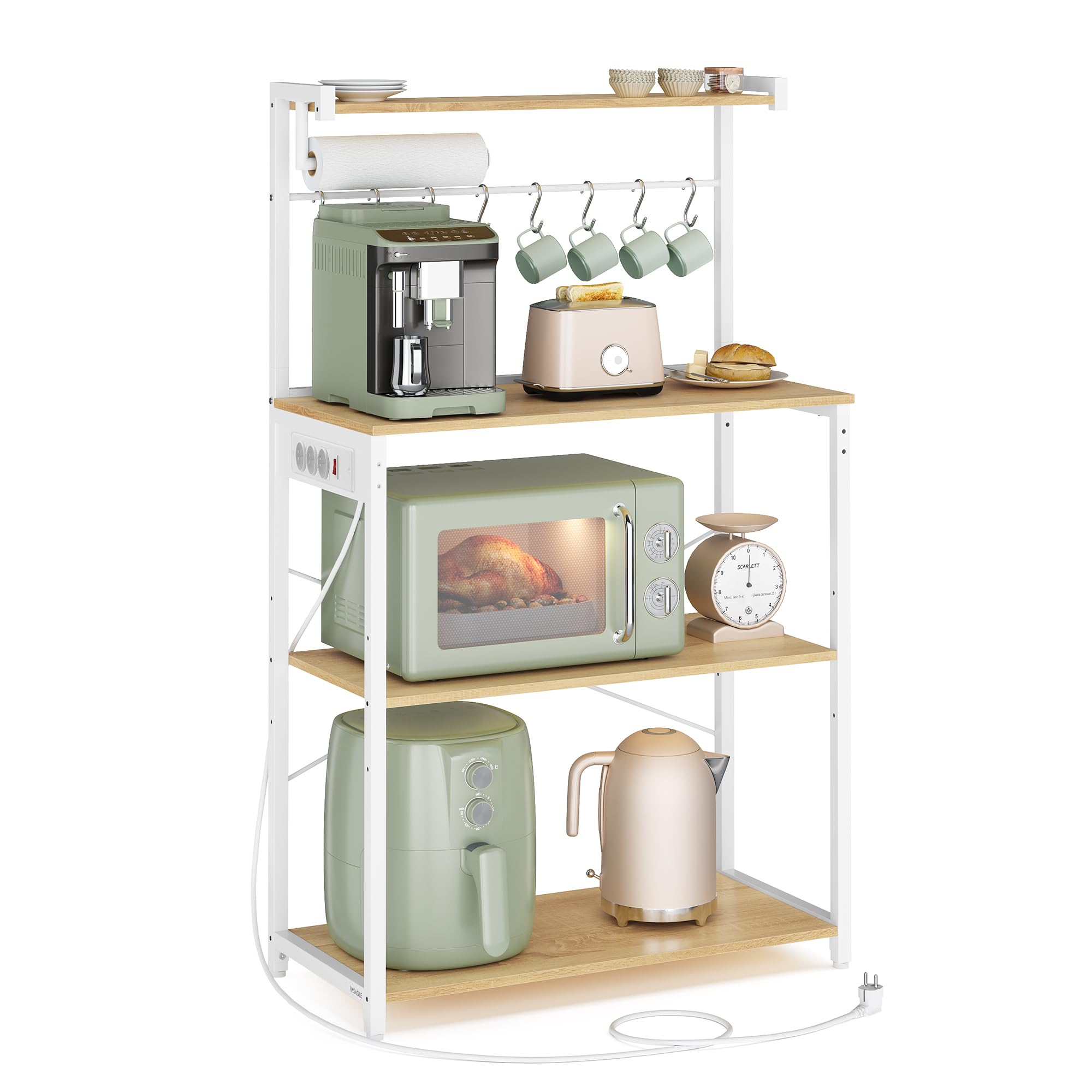 VASAGLE Küchenregal mit Steckdosen, Standregal, Kaffeebar mit 4 Ebenen und 8 S-Haken, Mikrowellen-Regal, verstellbare Ablage, 40 x 80 x 140 cm, goldeichenfarben-wolkenweiß KKS029YA02