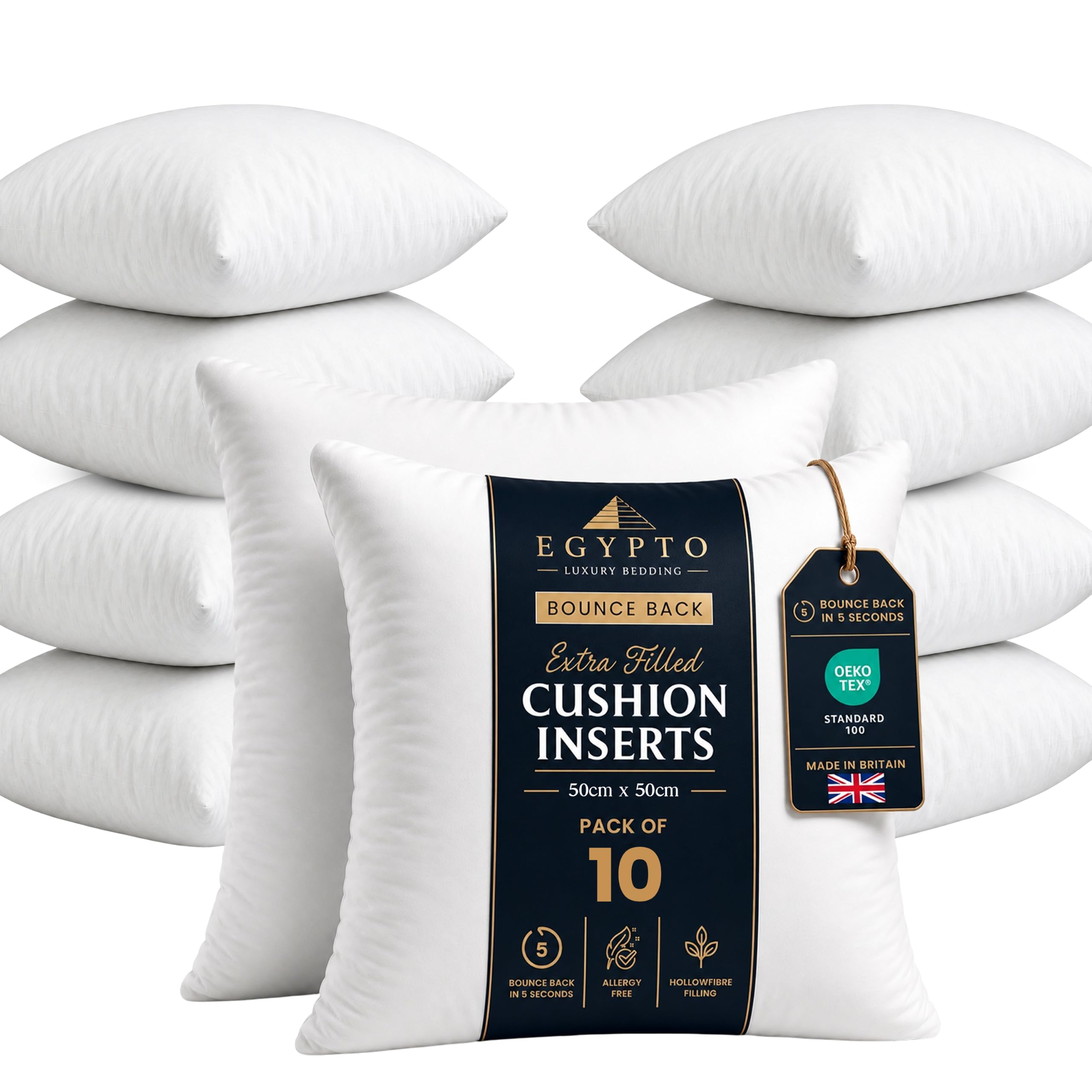 EGYPTO Pack of 10 Cushion Inserts 50cm x 50cm | Plump Bounce Back 20x20 Inch Cushion Inserts | Hypoallergenic Throw & Sofa Pillows Inner | Made in UK