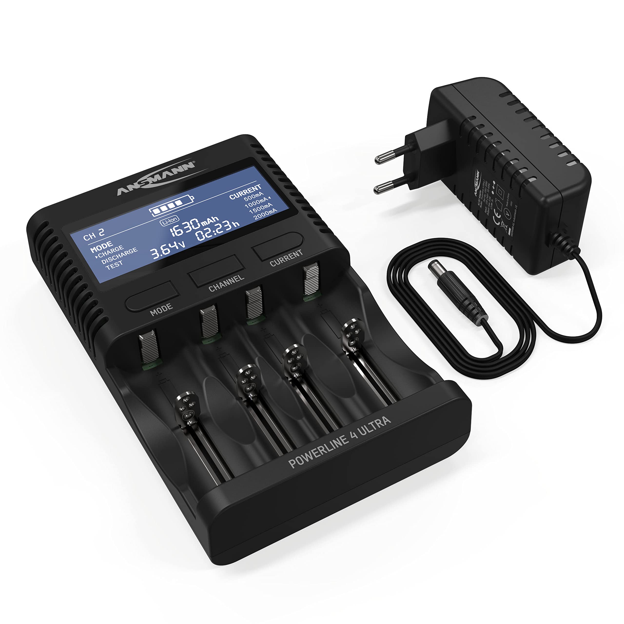 ANSMANN Akku-Ladegerät für 1-4 NiMH & Li-Ion Akkus AAA AA C D LCD-Display | Powerline 4 Ultra Profi-Akkupflegestation, USB-Ladeport für Smartphone, 4 Ladeprogrammen und Einzelschachtüberwachung