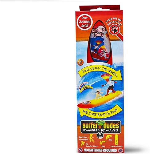 Surfer Dudes Legends & Surfer Pets Mini surfista accionado mediante olas, juguete para la playa con mascota y tabla de surf - Cloud 9 Cody y Sky