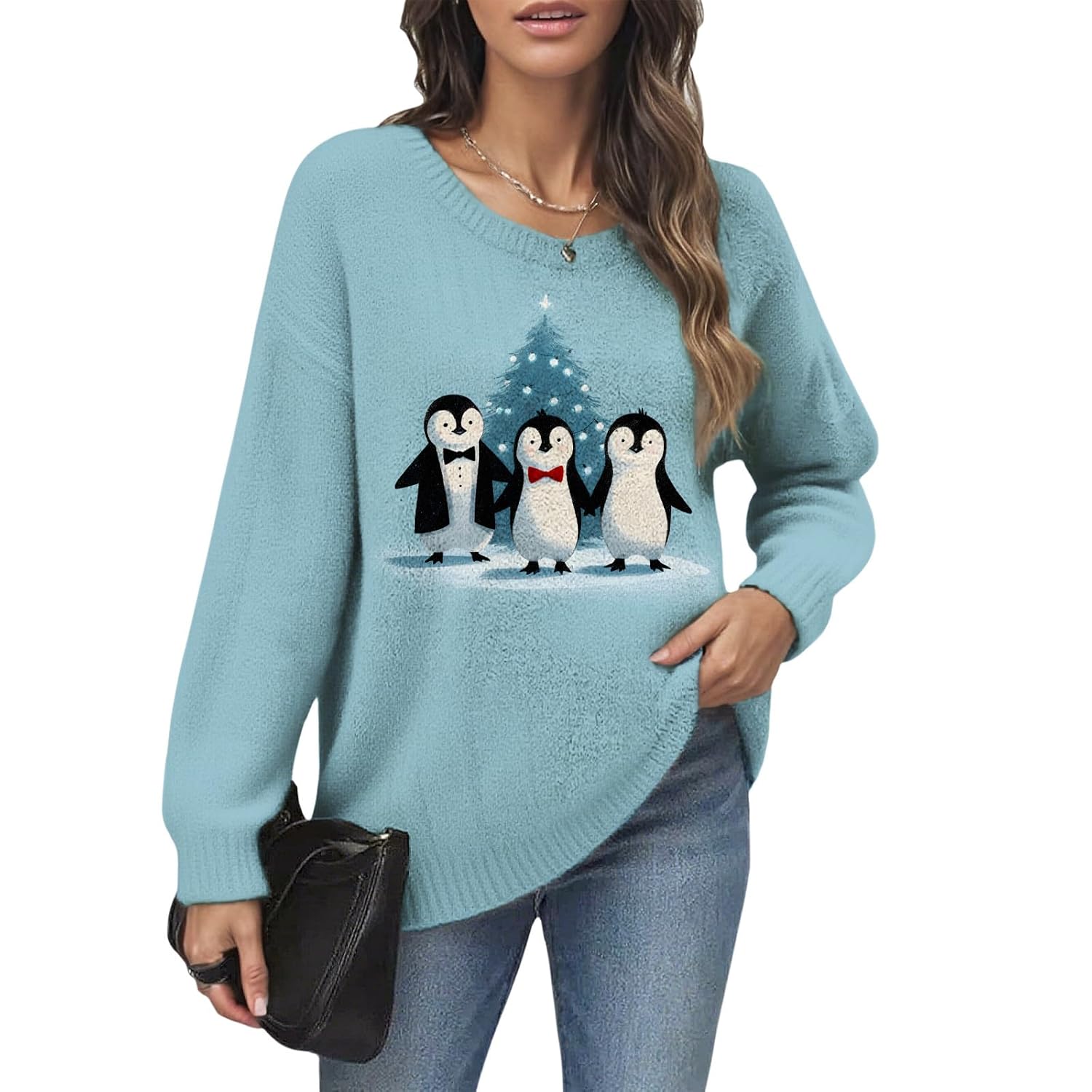Womens Graphic Print Christmas Sweaters Crewneck Long Sleeve Xmas Knit Jumper Pullover Casual Loose Fit Sweater Tops