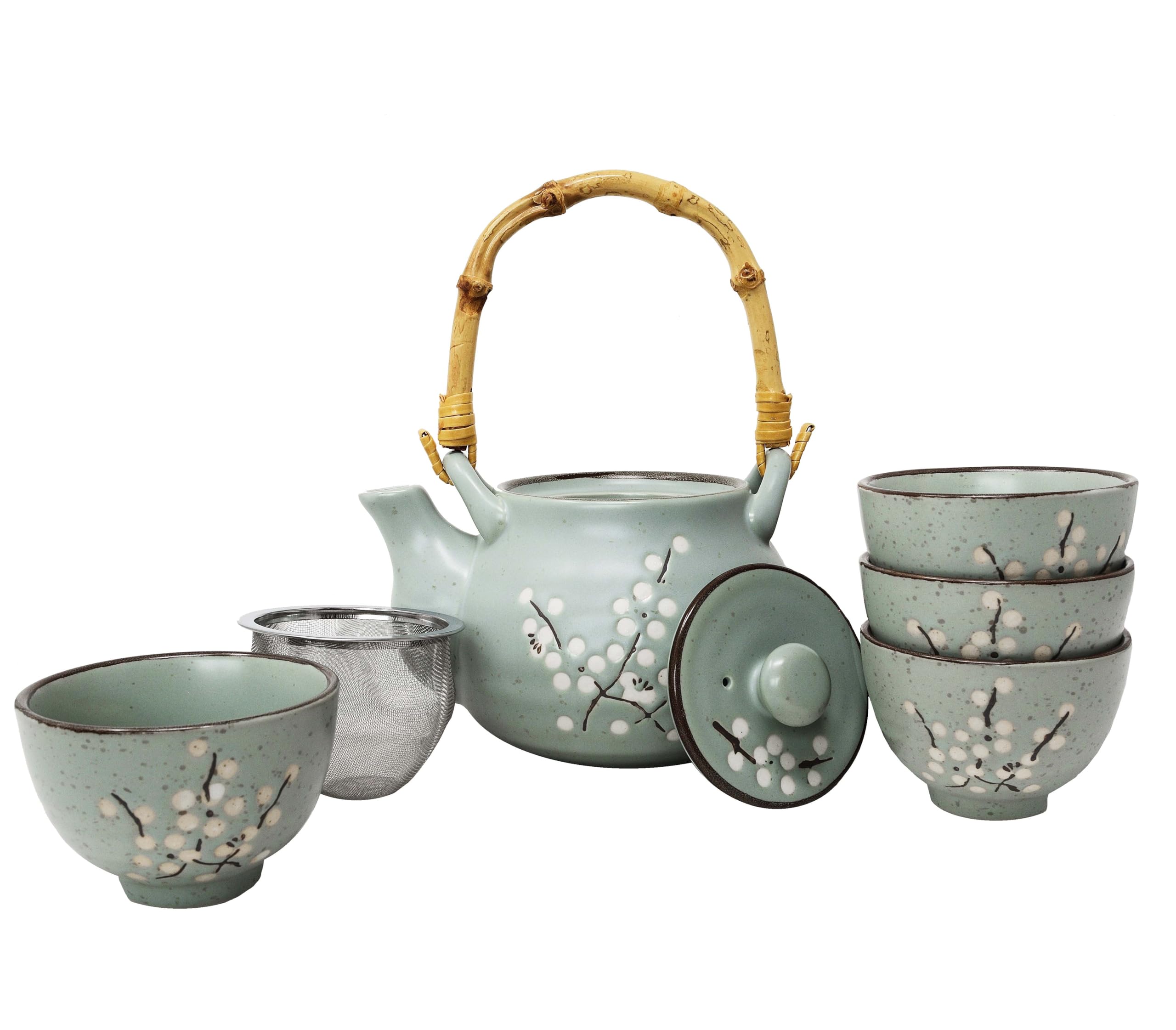 MystiCalls Japanisches Tee Set mit Kirschblüte für 4 Personen, 1 Teekanne inklusive Teesieb 4 Tassen, Geschenkset, Teezeremonie, Japanisches Geschirr