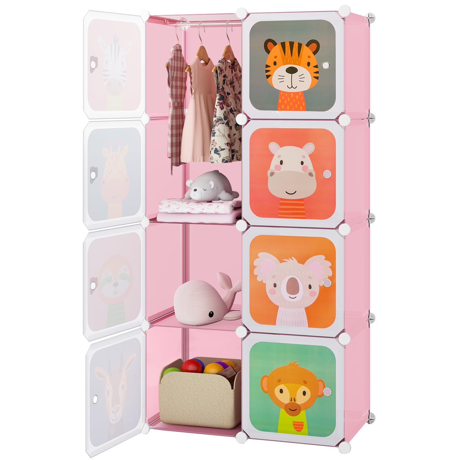 COSTWAY 8/12 Cube Children Clothes Closet, Cartoon Modular Wardrobe with Hanging Sections, Kids Storage Unit for Children Room, Nursery, Bedroom