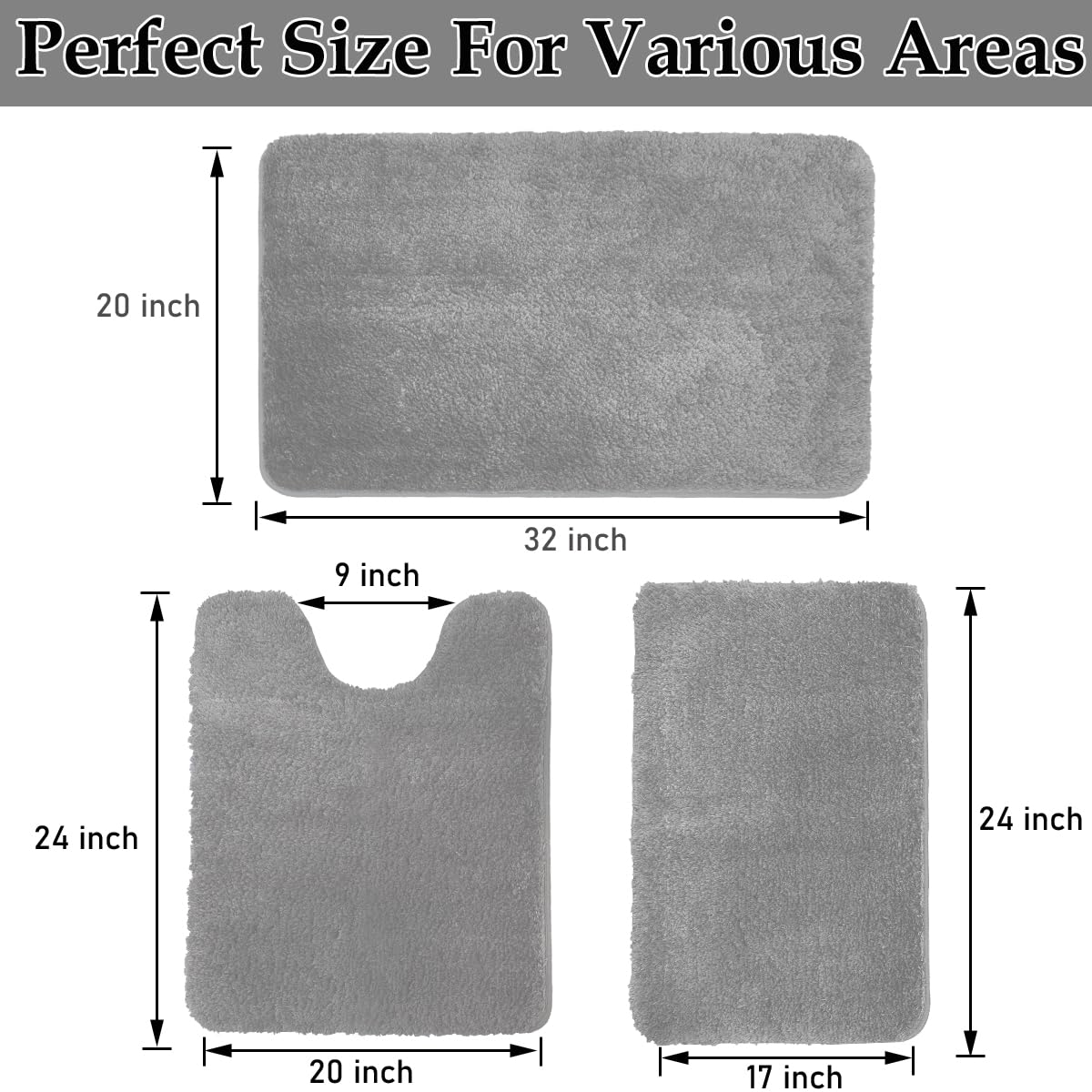 Lot de 3 tapis de bain à poils longs antidérapants et épais, en microfibre extra doux et absorbant, lavables en machine, gris
