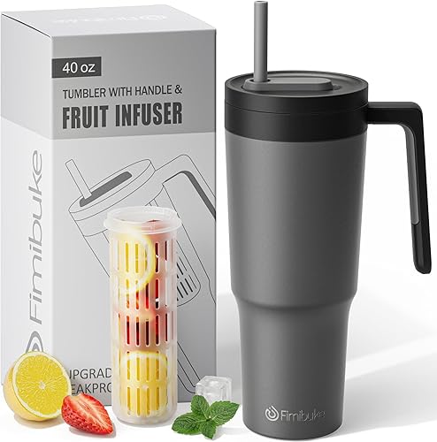 Fimibuke Vaso de 40 onzas con asa e infusor de frutas, taza aislada al vacío de acero inoxidable con tapa y pajilla, botella de infusión de agua,