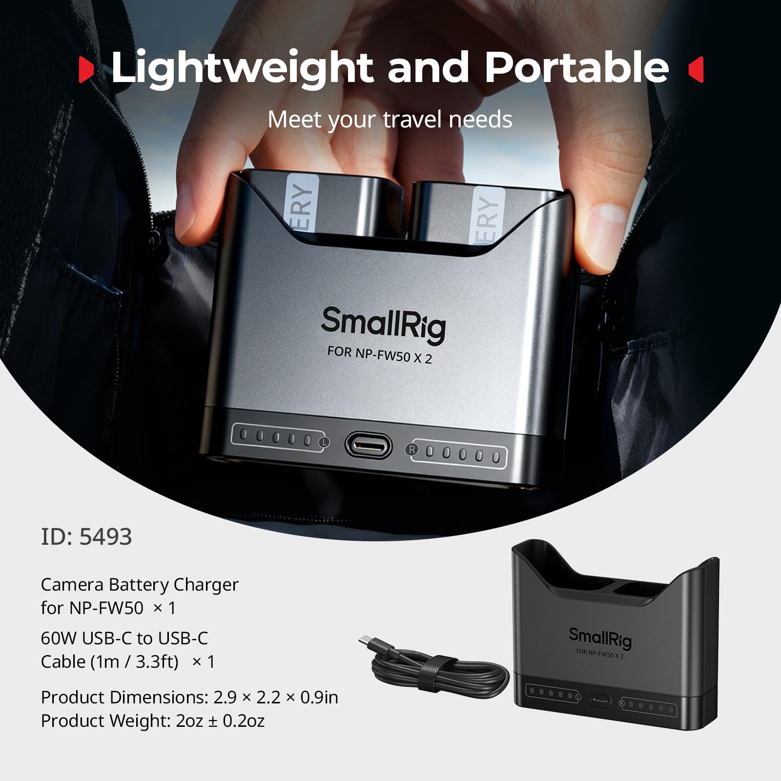 SMALLRIG Caricabatterie NP-FW50 per Sony, caricabatteria doppio slot da 2 ore con porta USB-C da 11 W, per Sony A6000 A6100 A6300 A6400 ZV-E10 A7 A7S A7R A7SII A7RII A5000 A5100 ILCE-QX1-5493