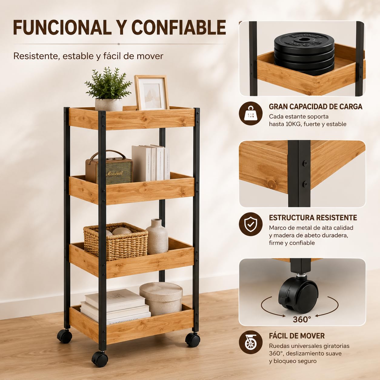 Carrito de Almacenamiento de 4 Niveles, Estantería con Ruedas 35x25x95 cm | Diseño compacto. Ideal para dormitorio, baño, cocina, balcón, salón y estudio XZ-22229