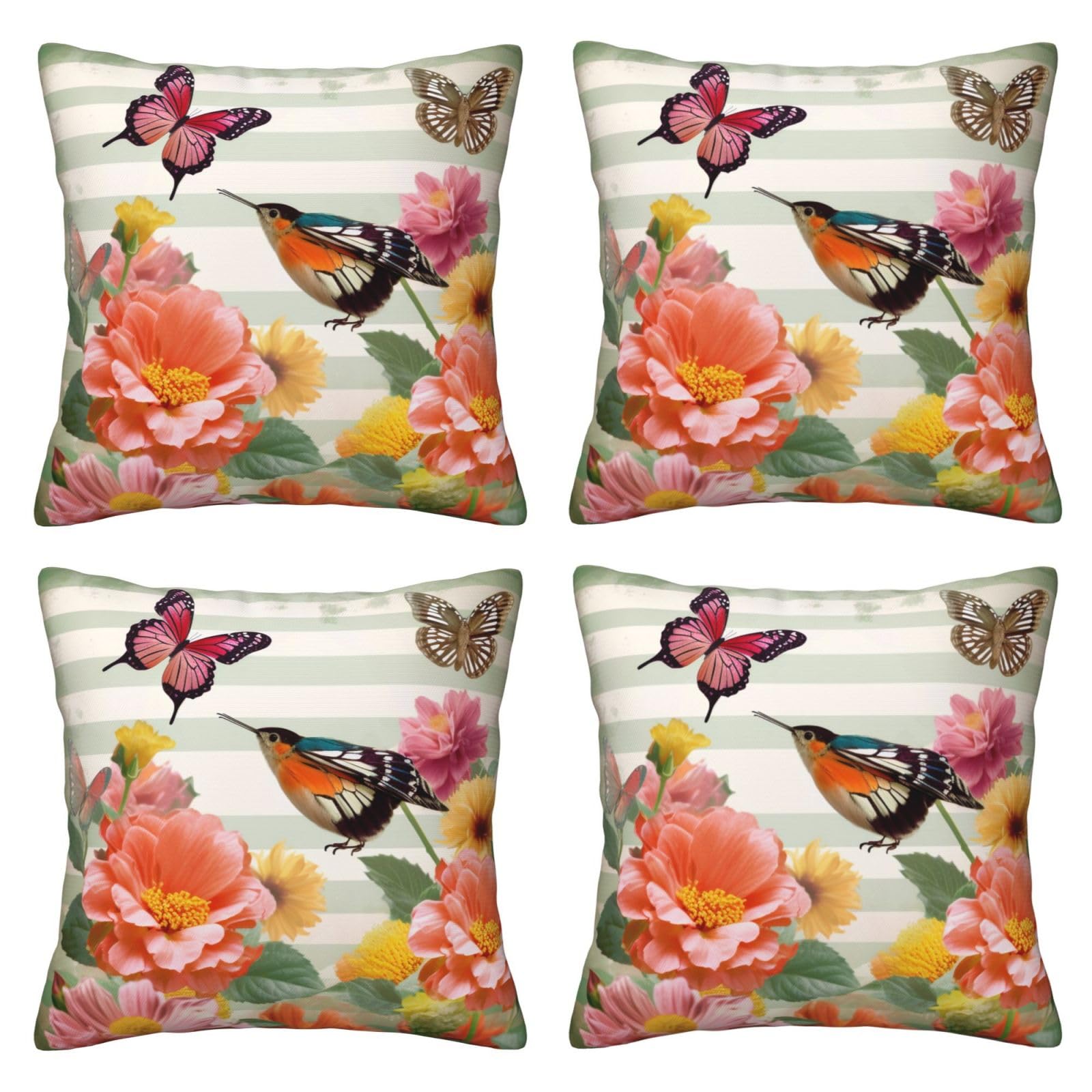 Flower Butterfly birds Throw Pillow Cases 4 Pack Square Pillowcases Super Soft Pillow Protectors With Zipper for Couch Livingroom Sofa Bed Office Car,50x50 CM