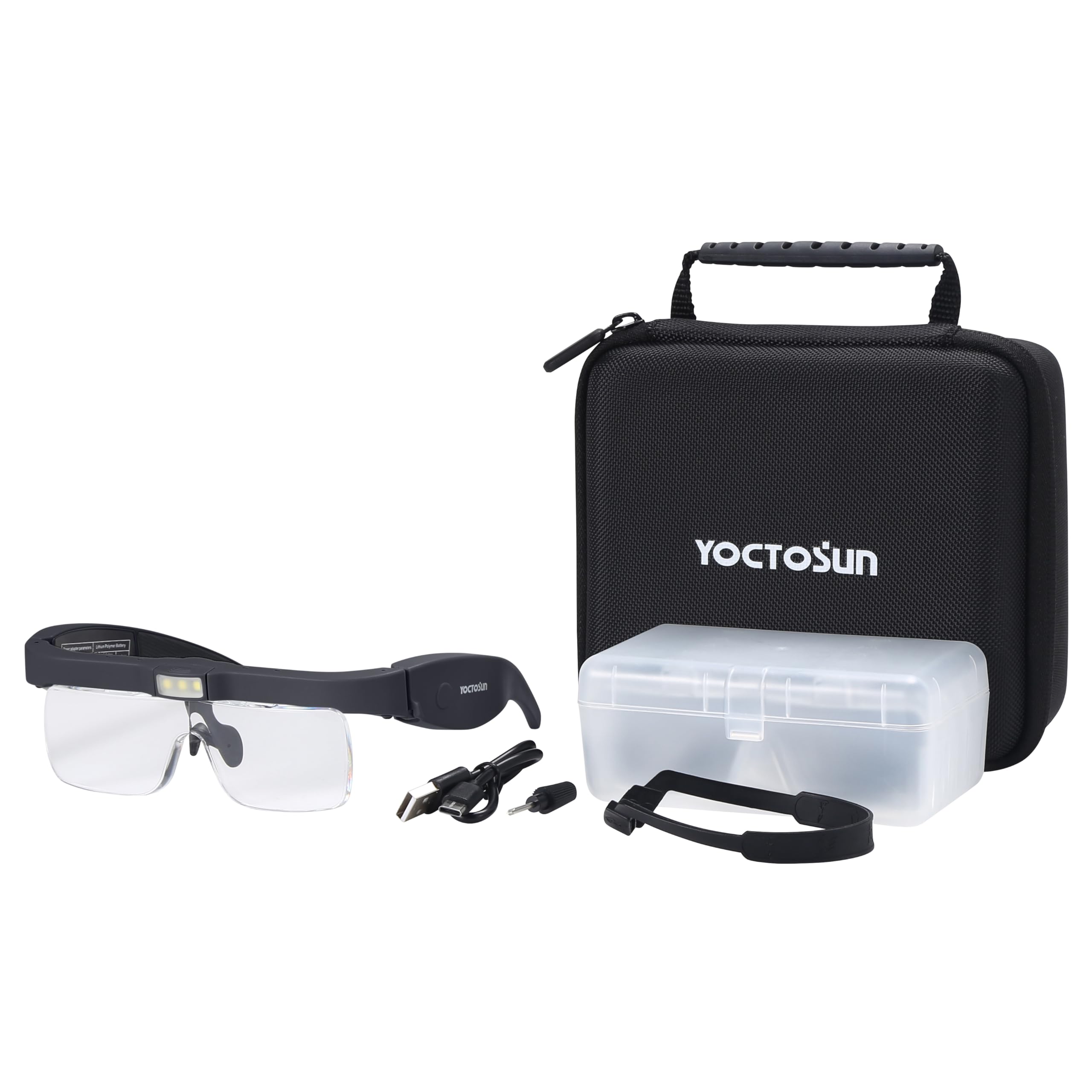 YOCTOSUN Auriculares de aumento con 3 luces LED, estuche de almacenamiento, correa para la cabeza y 5 lentes desmontables 0.75X, 1.25X, 2.0X, 3.0X 4.0X, lupas para trabajos cercanos, joyas