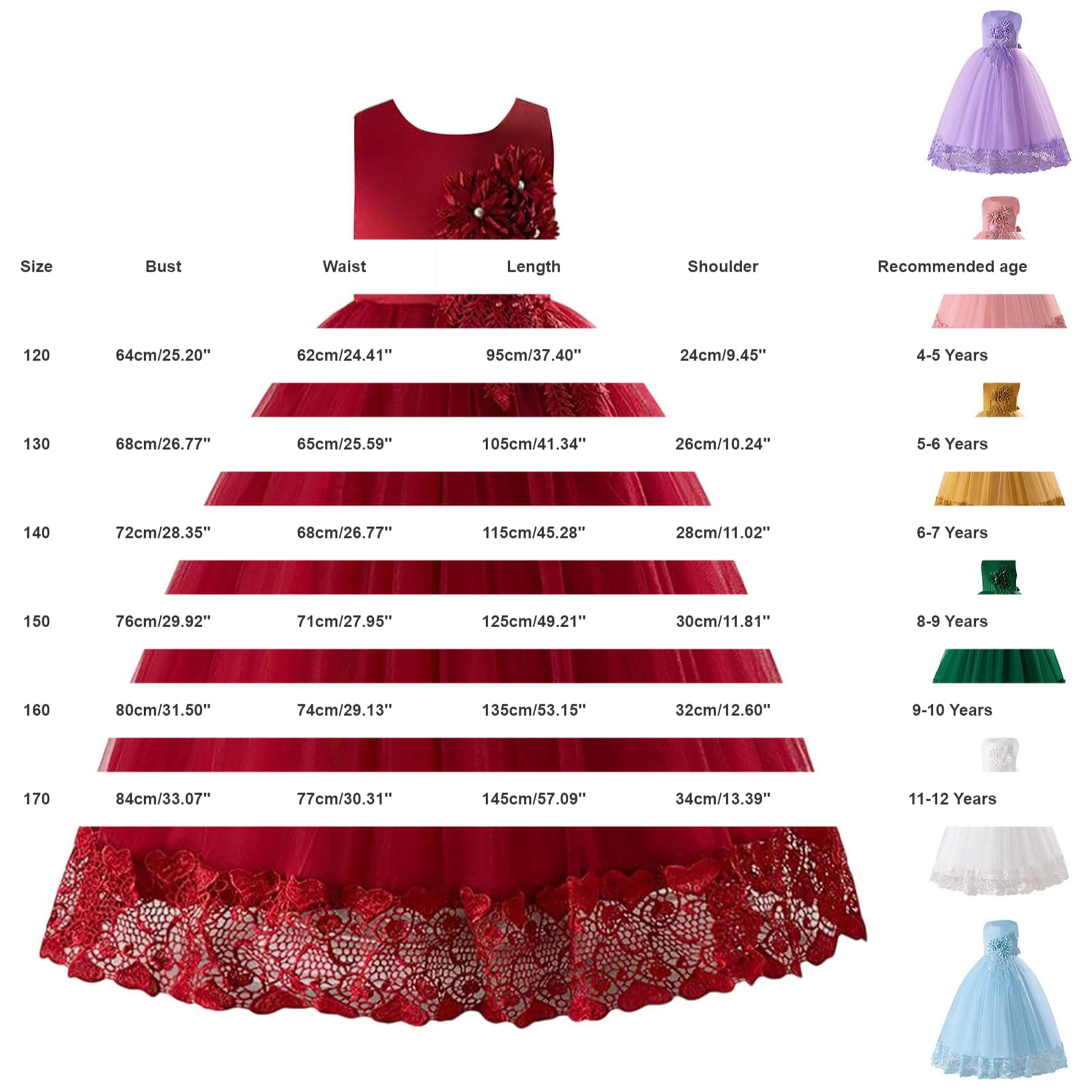 Kleid für Zeremonie, Mädchen, Tüll, Spitze, Blumenmuster, elegant, ärmellos, A-Linie, Prinzessinnenkleid, für Abend, Party, Hochzeit, Tanz, Geburtstag