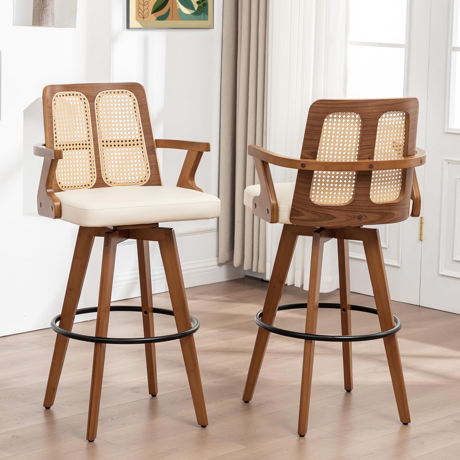 Counter Height Bar Stools Set of 2 - 26 inch Kitchen Island Stools with Rattan Back, Curved Arms, Walnut Craftsmanship,Faux Leather, Swivel CounterStools for Kitchen/Island (27" Seat Height, Beige)