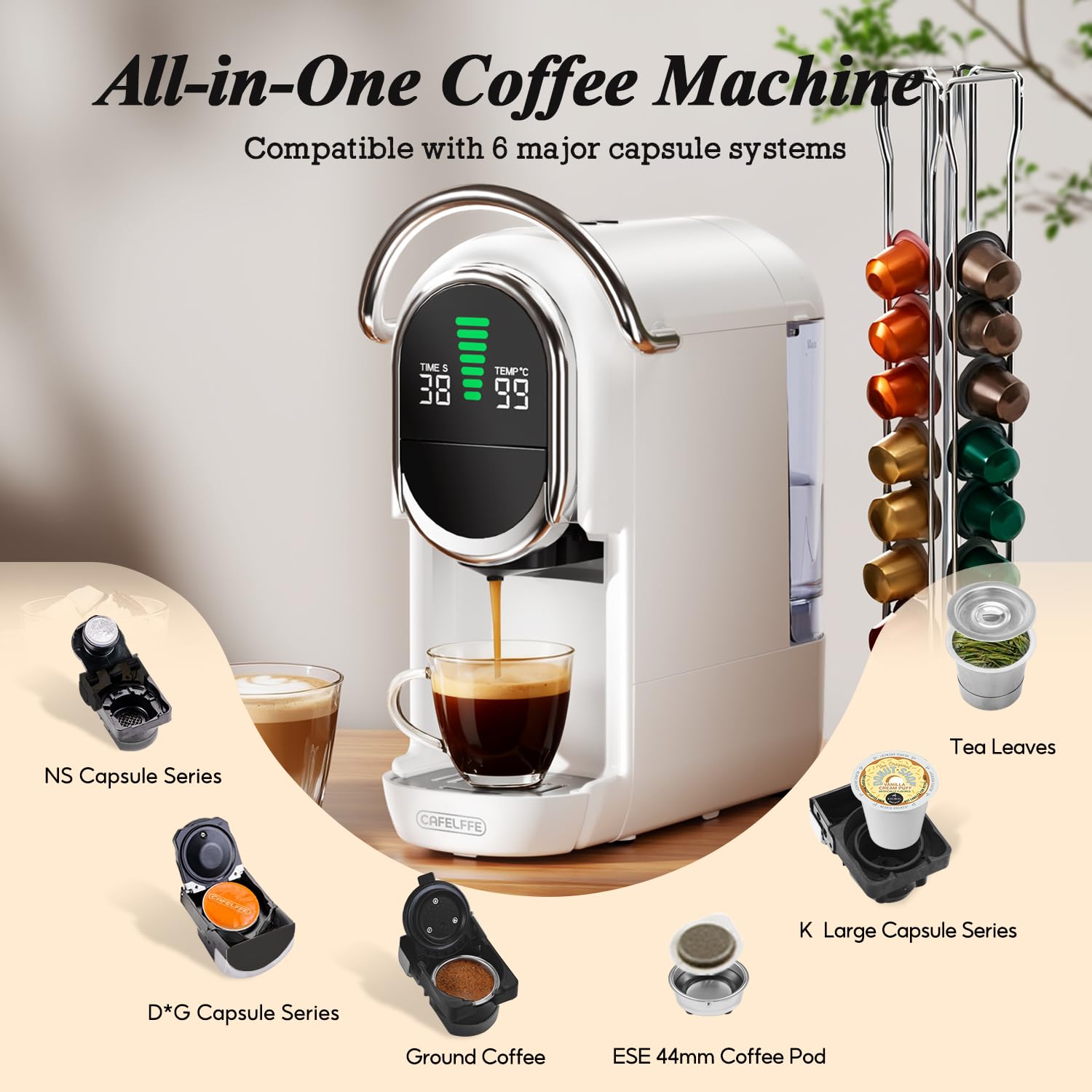 CAFELFFE MK-609S - Macchina da caffè a capsule, 6 in 1, 7 impostazioni dell'acqua e funzione di infusione calda/fredda, 19 bar, compatibile con NES Original/DG/ESE/capsule K-Cup/tè/caffè macinato