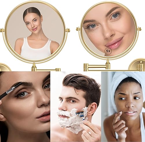 Miniatura 3 de Espejo de maquillaje de baño de 8 pulgadas montado en la pared, espejo giratorio 360 con aumento, brazo extensible, 1X5X de dos caras, material de