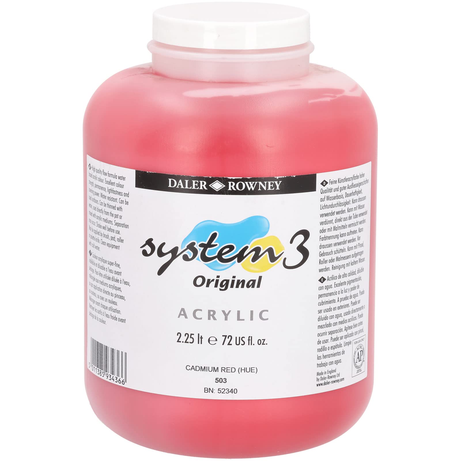 Daler-Rowney System3 Acrylic Paint, 76.08oz - 2.25L, Cadmium Red Hue