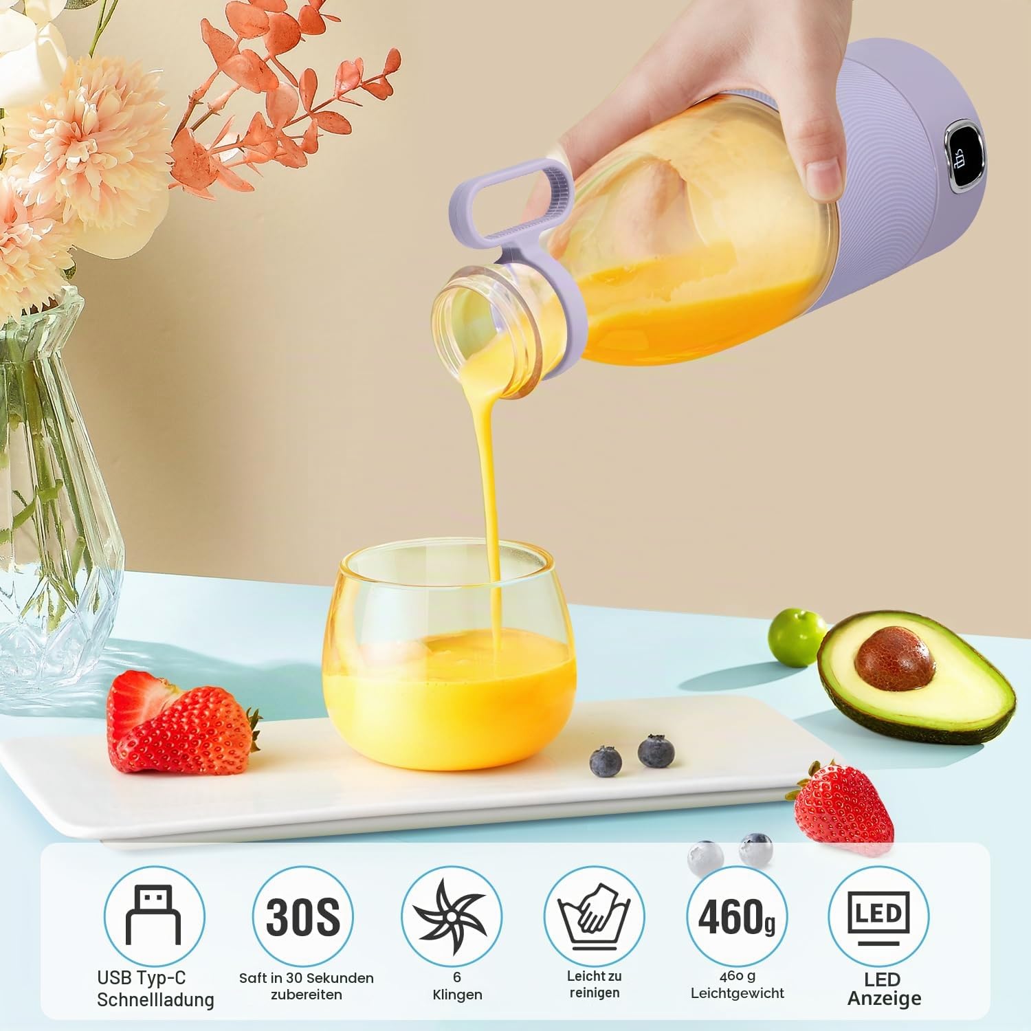 Tragbarer Mixer, MIAOKE 6-Klingen Entsafter-Becher für Saft, Shakes und Smoothies 350ml Mini-Mixer mit LED-Display, USB-wiederaufladbar, 3000mAh wiederaufladbare Batterie, für Zuhause, Sport, Outdoor
