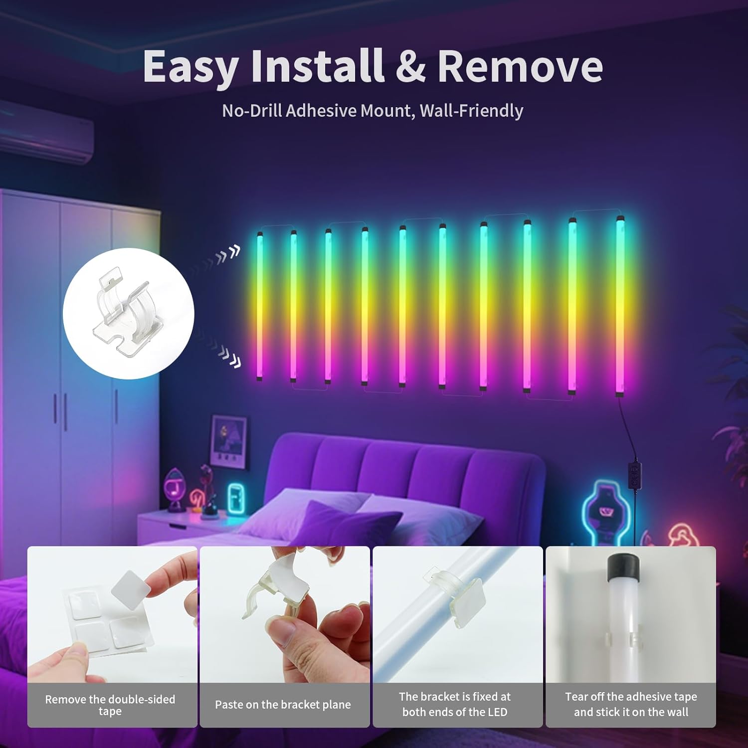 Music Sync LED Wall Lights, 10 Pack RGB Light Bars with App Control, USB Powered Beat Activated Lights for Gaming Room, Party, Home Decor