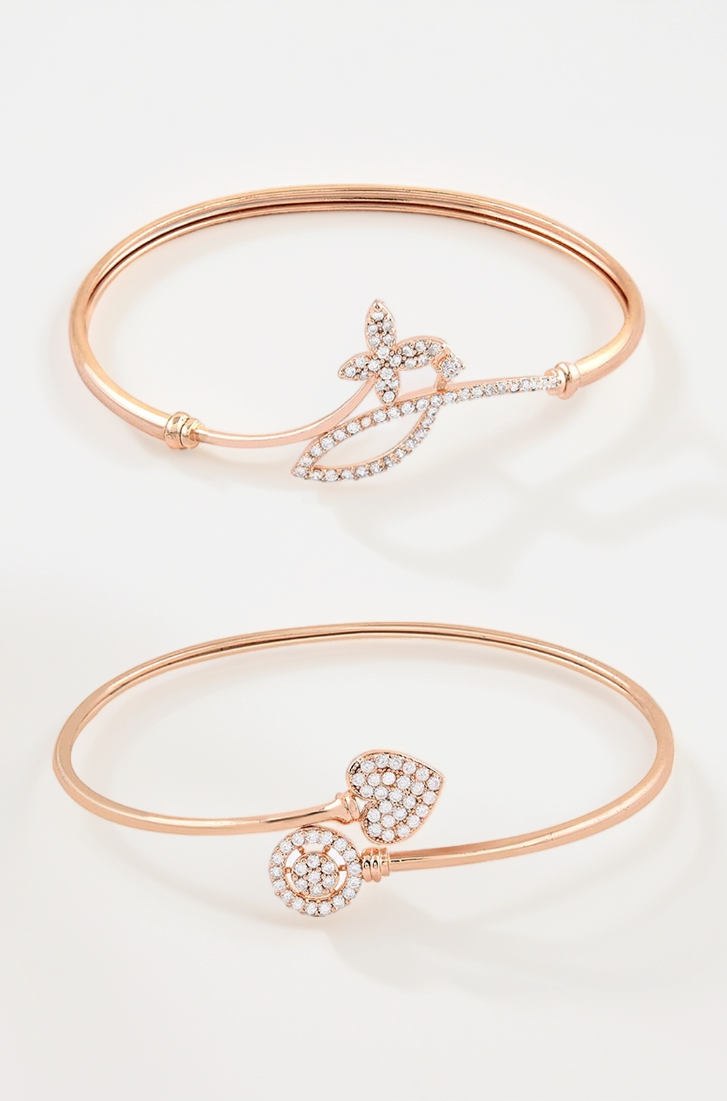 Set of 2 Rose Gold Contemporary Cubic Zirconia Brass Kada Style Bracelet For Women-ZPFK11103