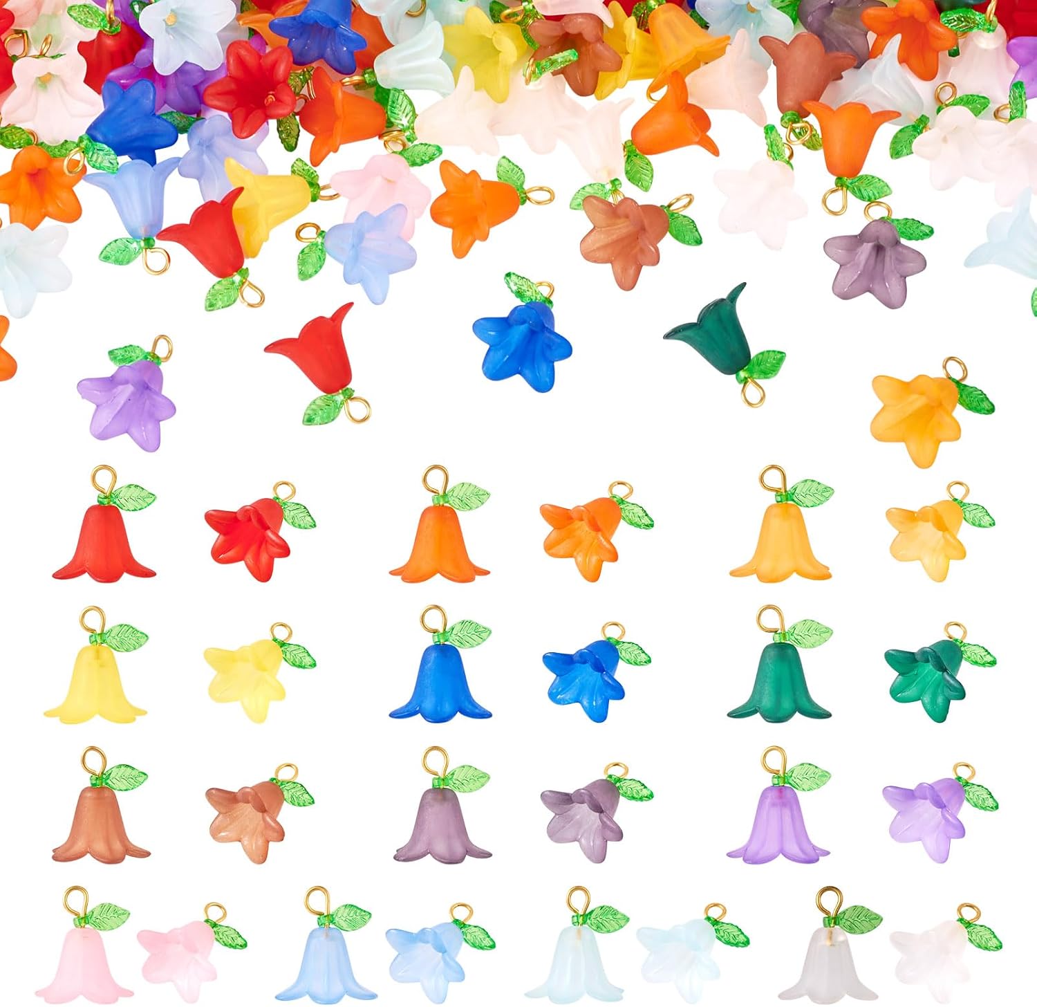 Acrylic Flower Dangle Pendants Colorful Lily Bell Floral Charms with Green Leaf Beads Plastic Spring Plant Charms for DIY Crafts Jewelry Making