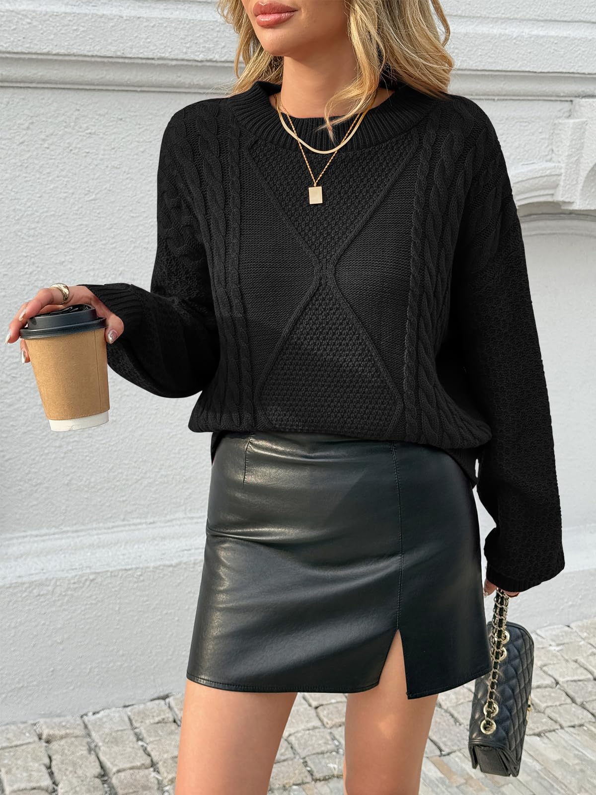 Fisoew Damski sweter oversize, okrągły dekolt, wzór warkocza, długi rękaw, sweter z dzianiny, na zimę, gruby sweter