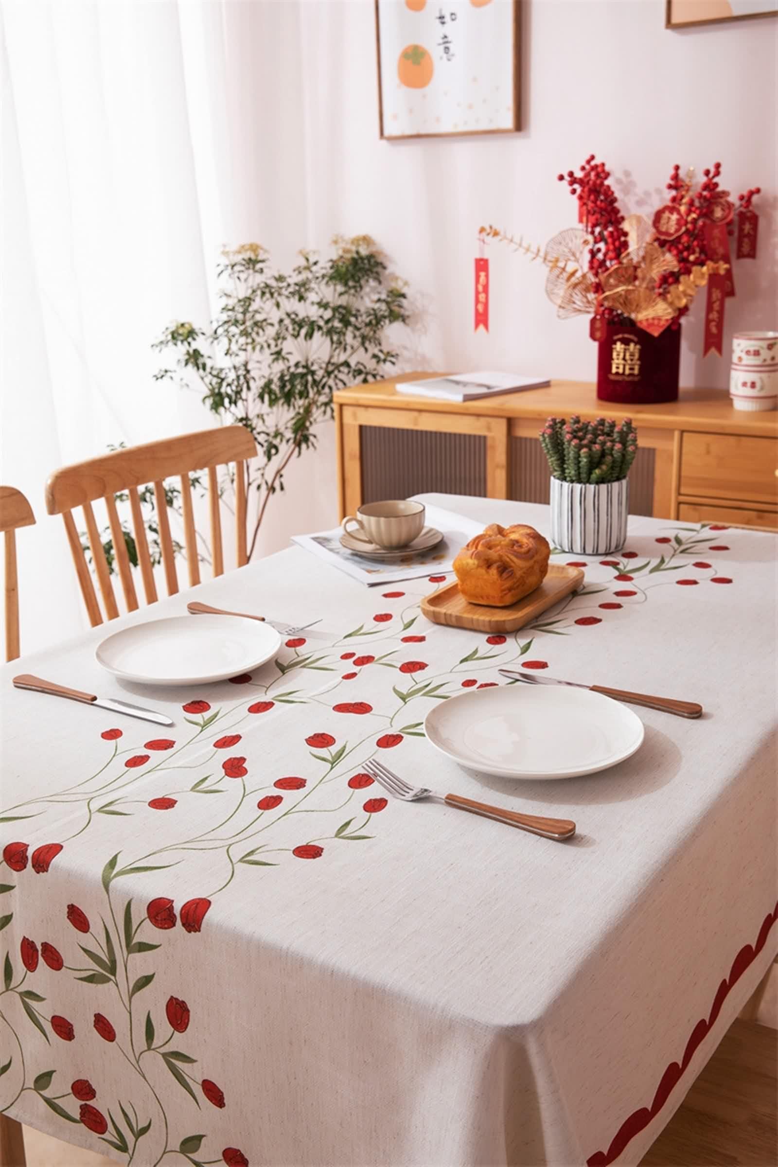 Tovaglia Rettangolare Rossa, Tovaglia Soggiorno Elegante Poliestere Fiore Stampato Copritavolo 130X220CM per Compleanno Festa Matrimonio