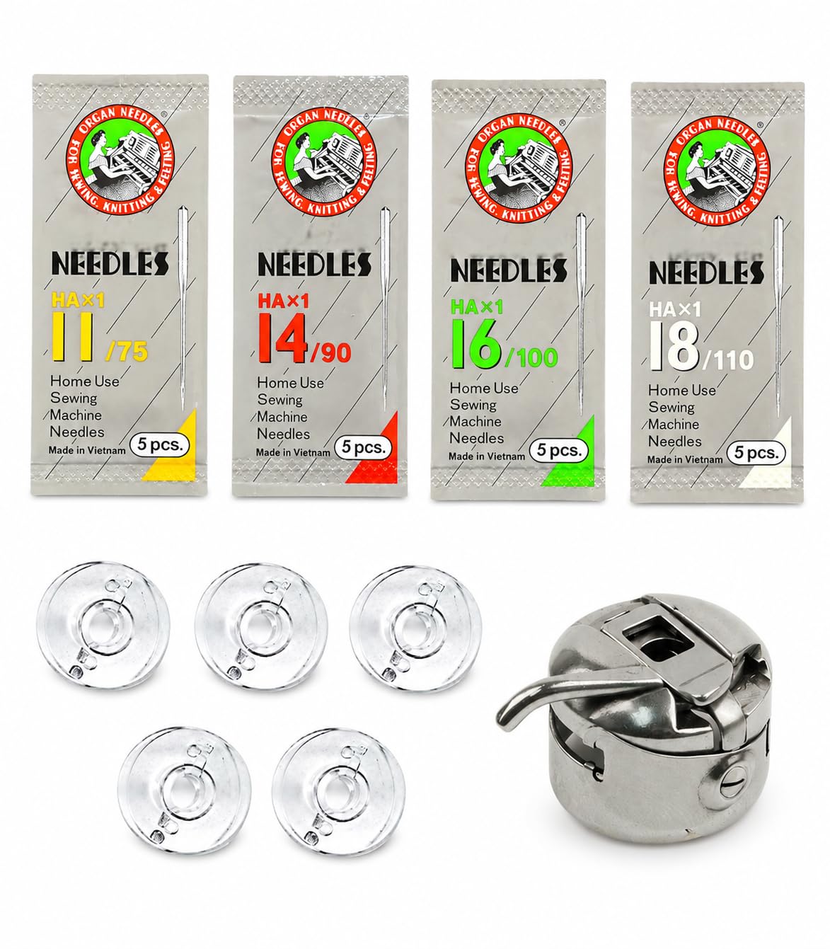ZENITH Combo - HA 20 Needles Pack (Sizes 11, 14, 16, 18) + 1 Bobbin Case + 5 Transparent Plastic Bobbins | Compatible with Usha, Janome, Singer, Brother & Other Domestic Sewing Machines-image-21