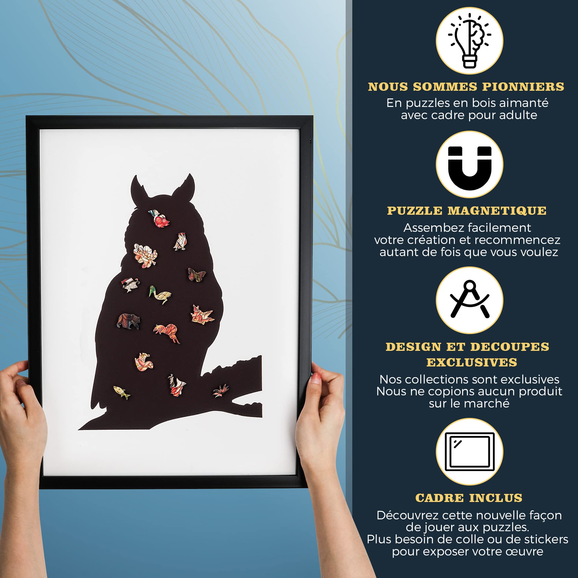 Puzzle Magnétique en Bois pour Adultes avec Cadre Aimanté | Puzzle Animaux en Bois | Puzzle Original Adulte | Tableau Decoration Murale Salon | Idée Cadeau Noel Anniversaire | Hibou Chouette