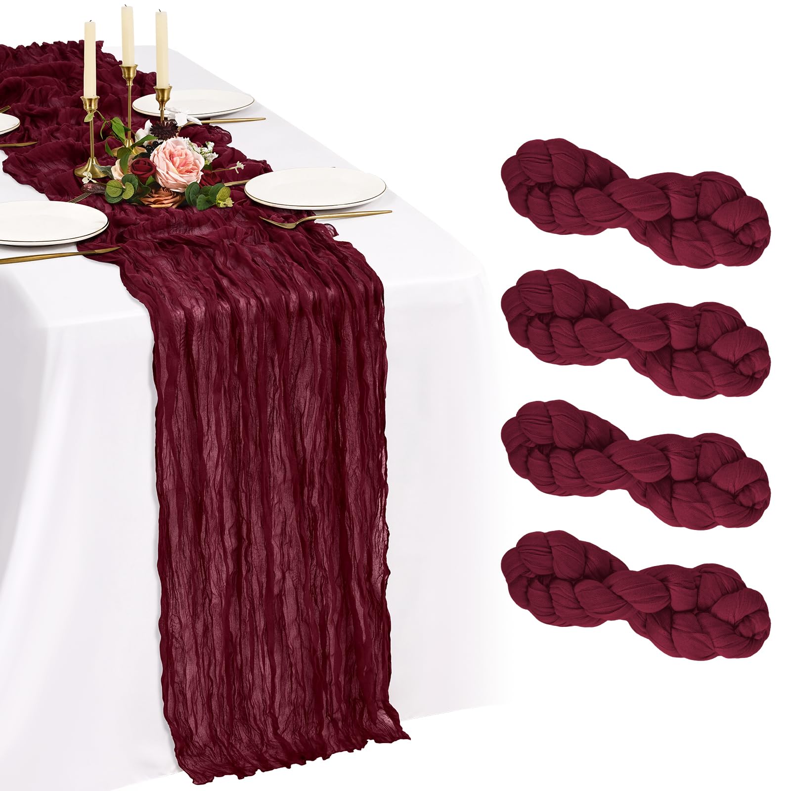 Showgeous Burgundy Cheesecloth Table Runner 90x300cm, Boho Gauze,4 Pack