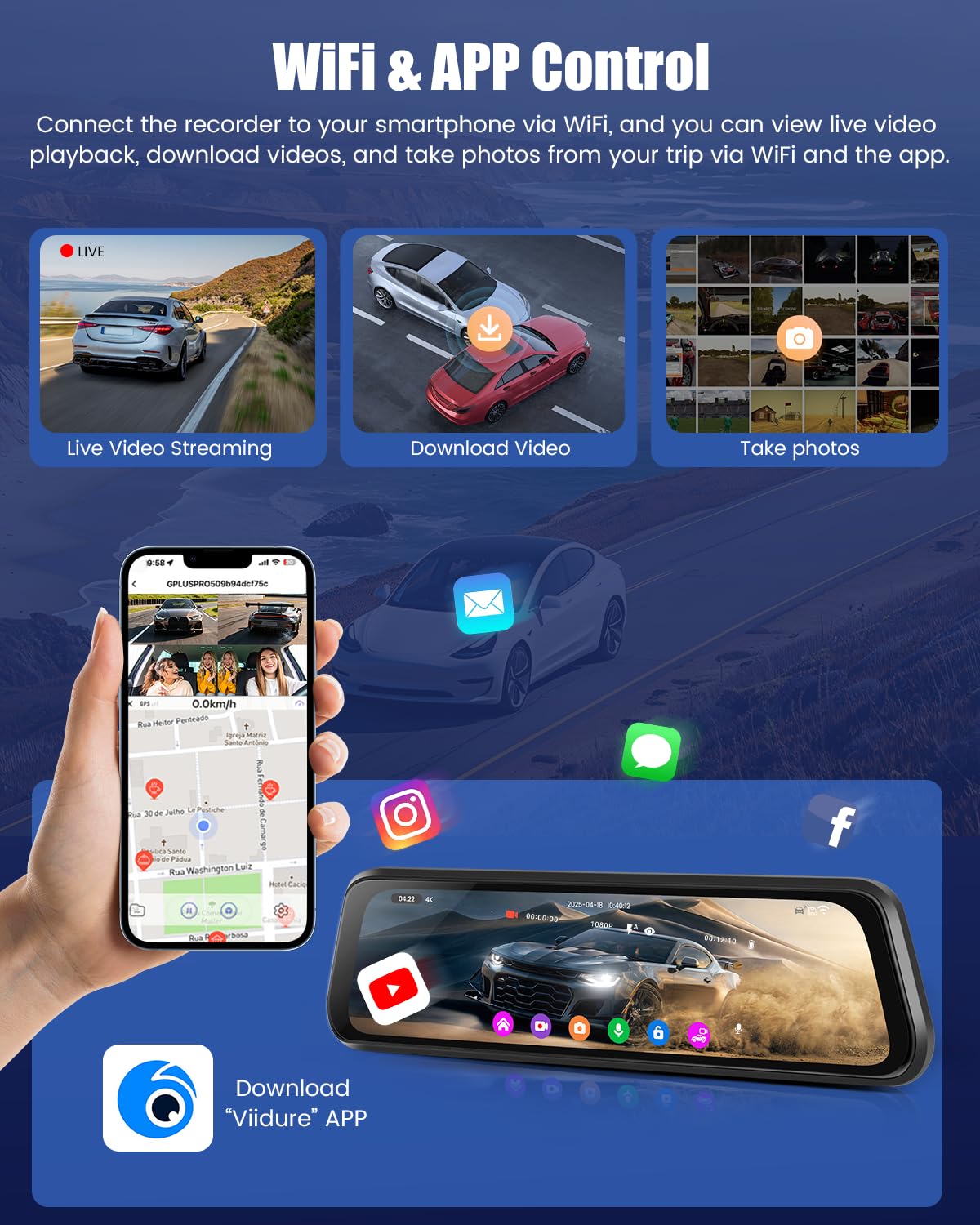 9,7'' Écran Tactile 4K Dashcam Retroviseur Voiture, 2 Dash Cam Avant et Arrière, Camera Embarquée Voiture Enregistrement Boucle avec GPS/WiFi/Capteur de Gravité/Rétroviseur avec Fonction de Streaming