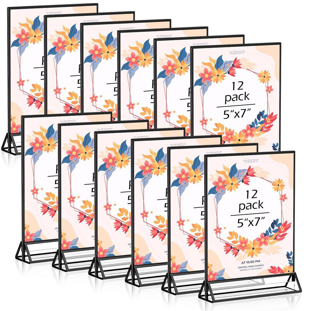 5" x 7" Black Acrylic Sign Holders, 12PCS Wedding Table Numbers Sign Holder, Double Sided Acrylic Black Frame Sign Holders Display Stand for Wedding