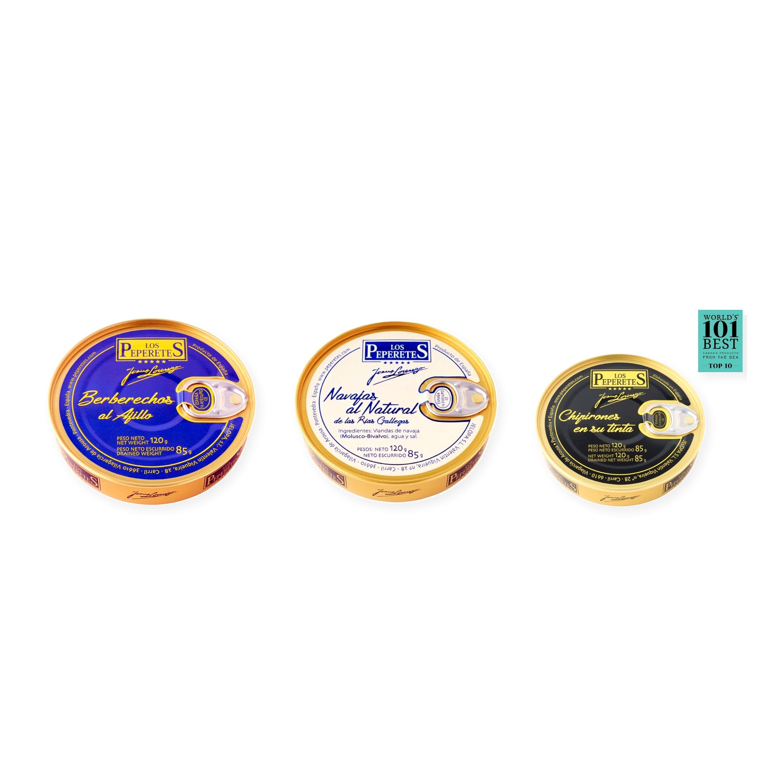 los peperetes conservas Berberechos Ajillo, Navajas Natural y Chipirones Tinta 120g pack 3 latas