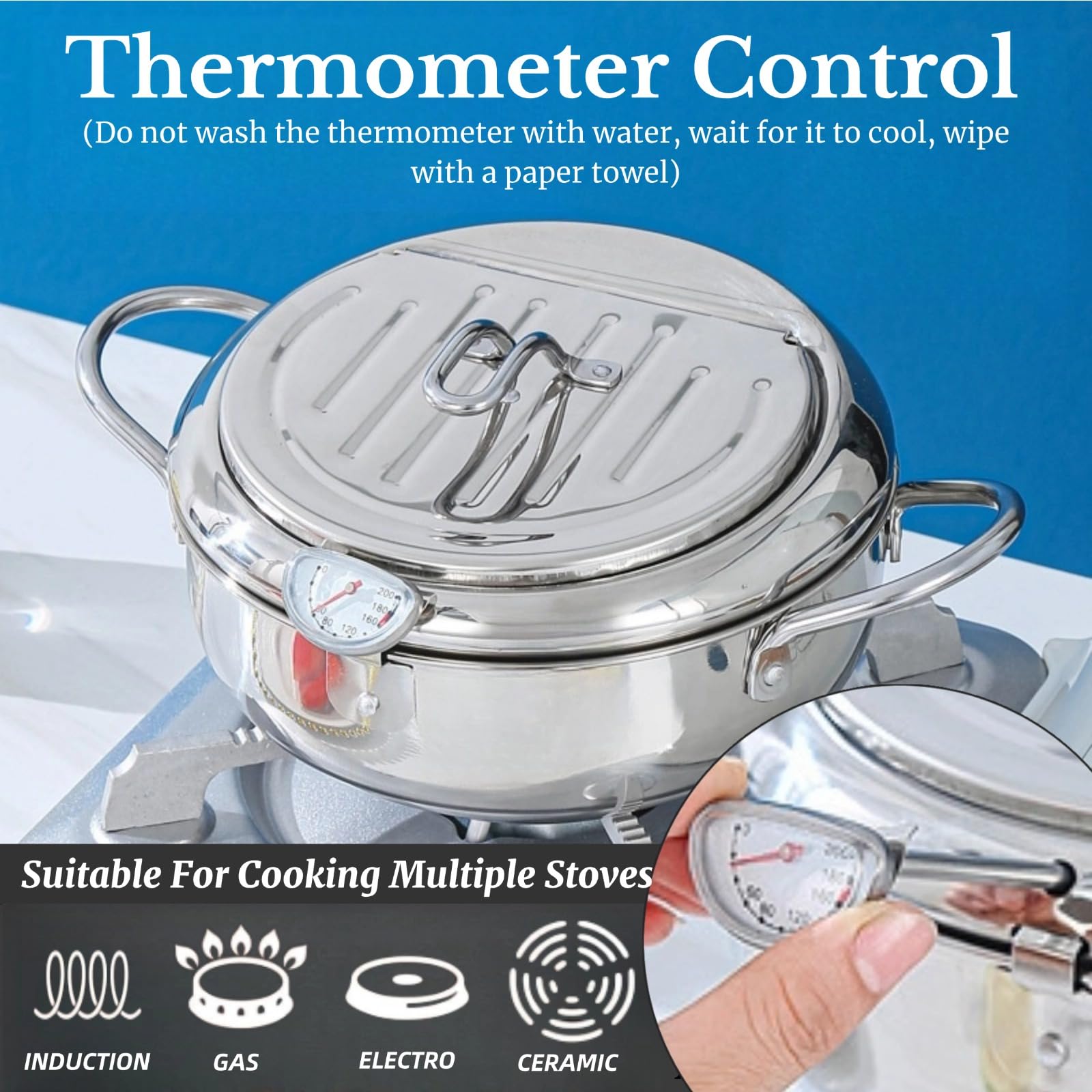 304 Stainless Steel Deep Fryer Pot, Japanese Style Tempura Frying Pot with Lid, Deep Frying Pan with Thermometer and Oil Drip Drainer Rack for Kitchen French Fries Chicken Wings Shrimp (24cm/9.4in)