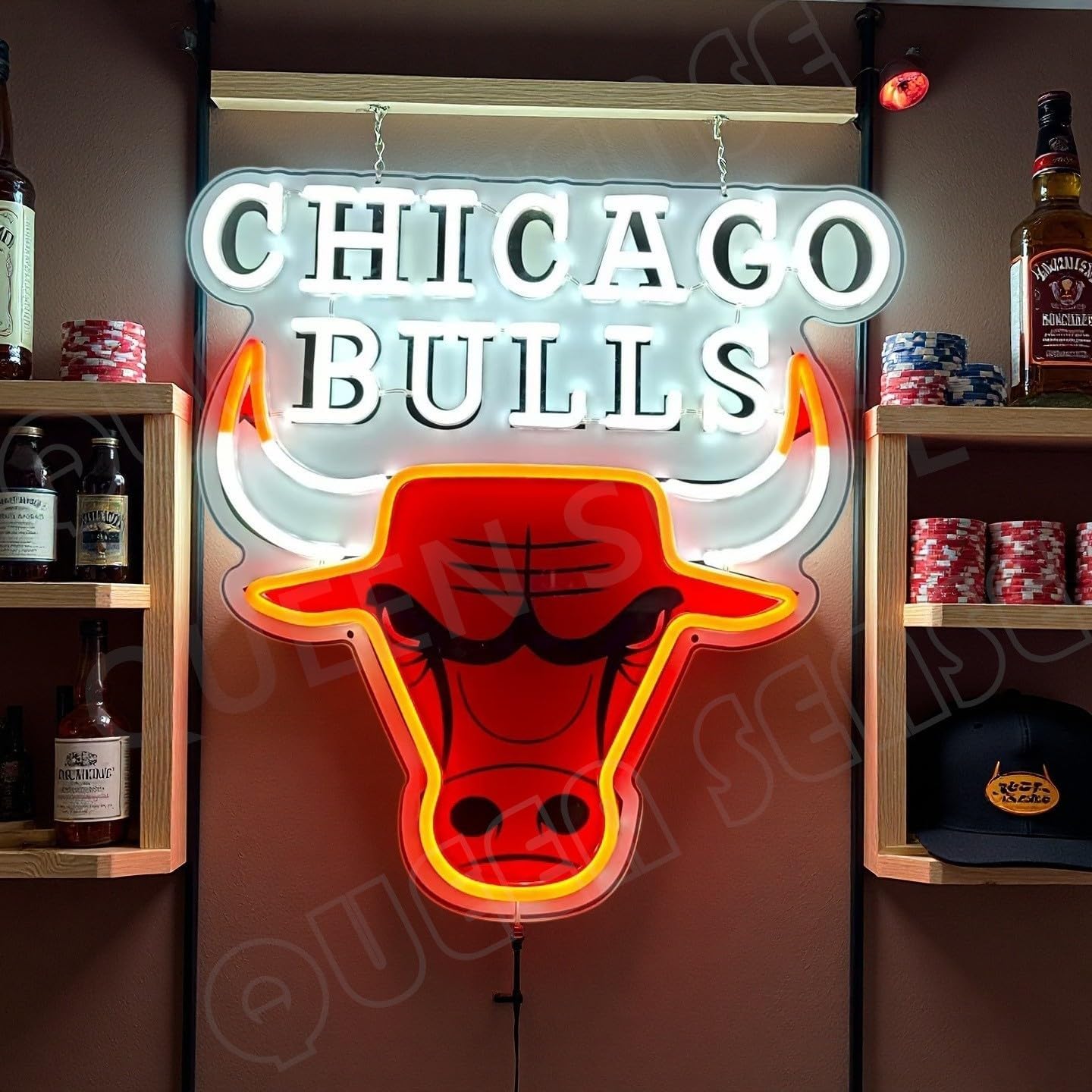 Queen Sense 16"x16" for Chicago Sports Bull LED Neon Sign for Wall Decor USB Powered Dimmable Neon Light BH1370
