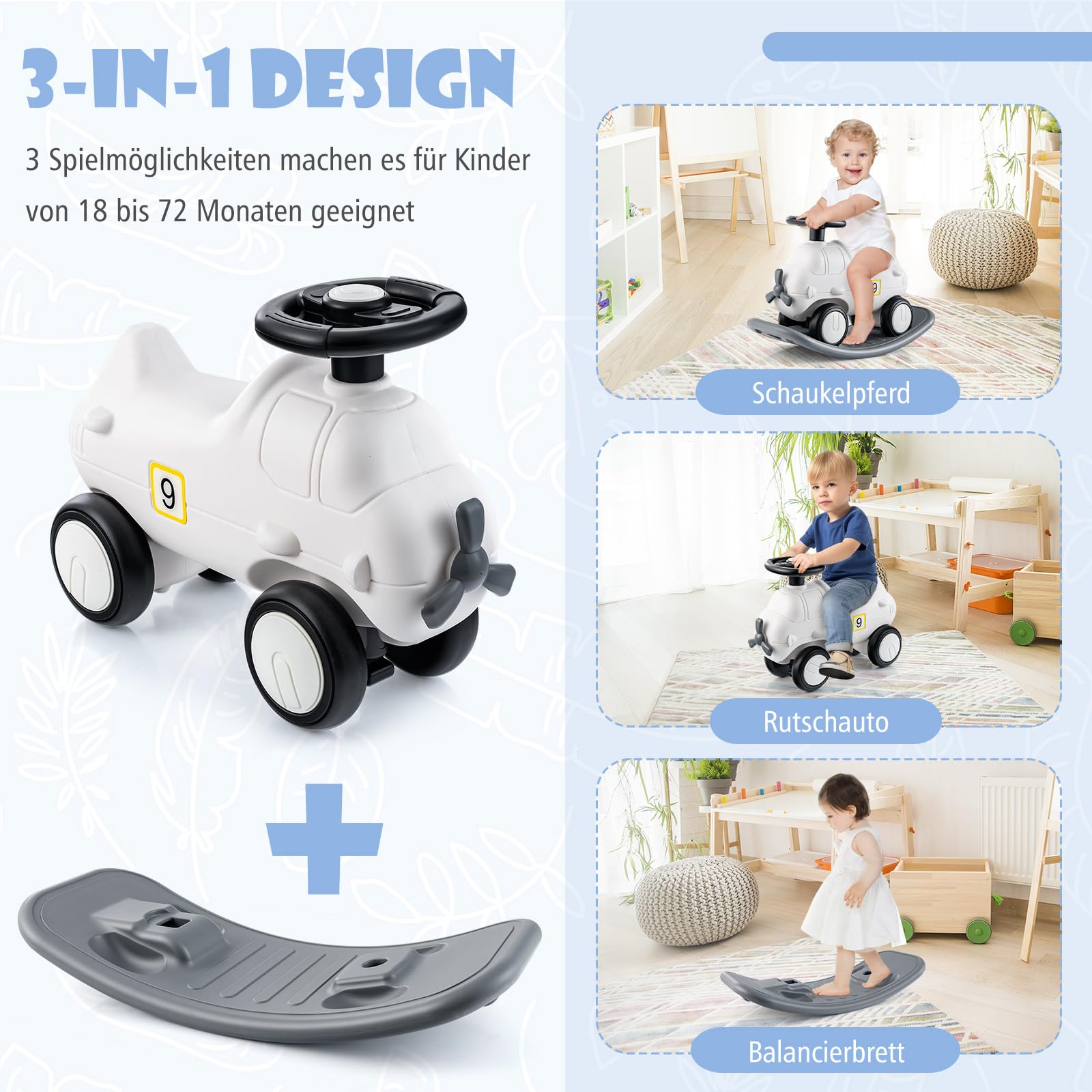 COSTWAY Hobbelpaard, kinderwip met wielen en verborgen opbergruimte, schommeldier met afneembare balanceerplaat, 3-in-1 glijauto voor kinderen vanaf 1 jaar