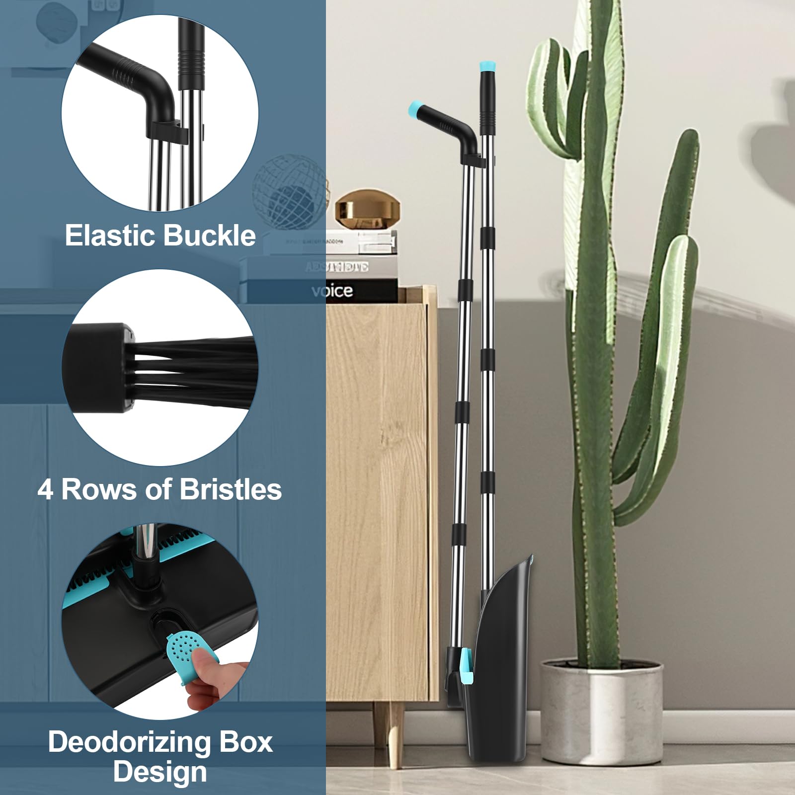 Set di Scopa e Paletta, Scopa con Manico Lungo e Paletta Verticale, Scopa a Girevole a 180 Gradi per la Pulizia dei Pavimenti, Grigio