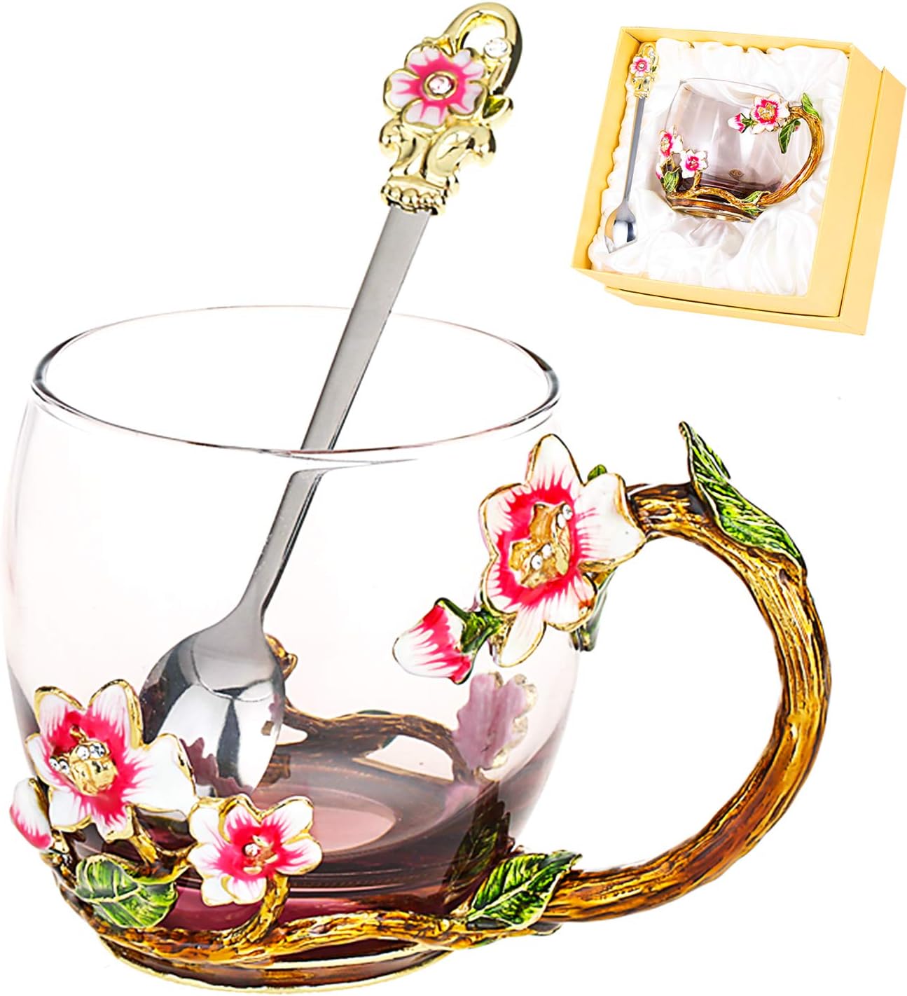 Glass Tea Cup, Handmade Enamel Clear Glass Coffee Mug with Handle, Unique Personalized Birthday Valentine's Day Gifts Ideas for Women Grandma Mom Female Friend Teachers(Jasmine - Pink- Short)