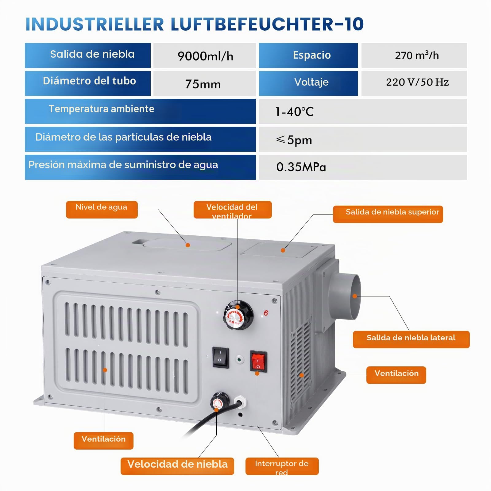 Humidificador industrial nebulizador de 9 l/h, gran volumen 270 m³/h, humidificadores de niebla fresca, comercial para taller, supermercado, almacén, invernadero