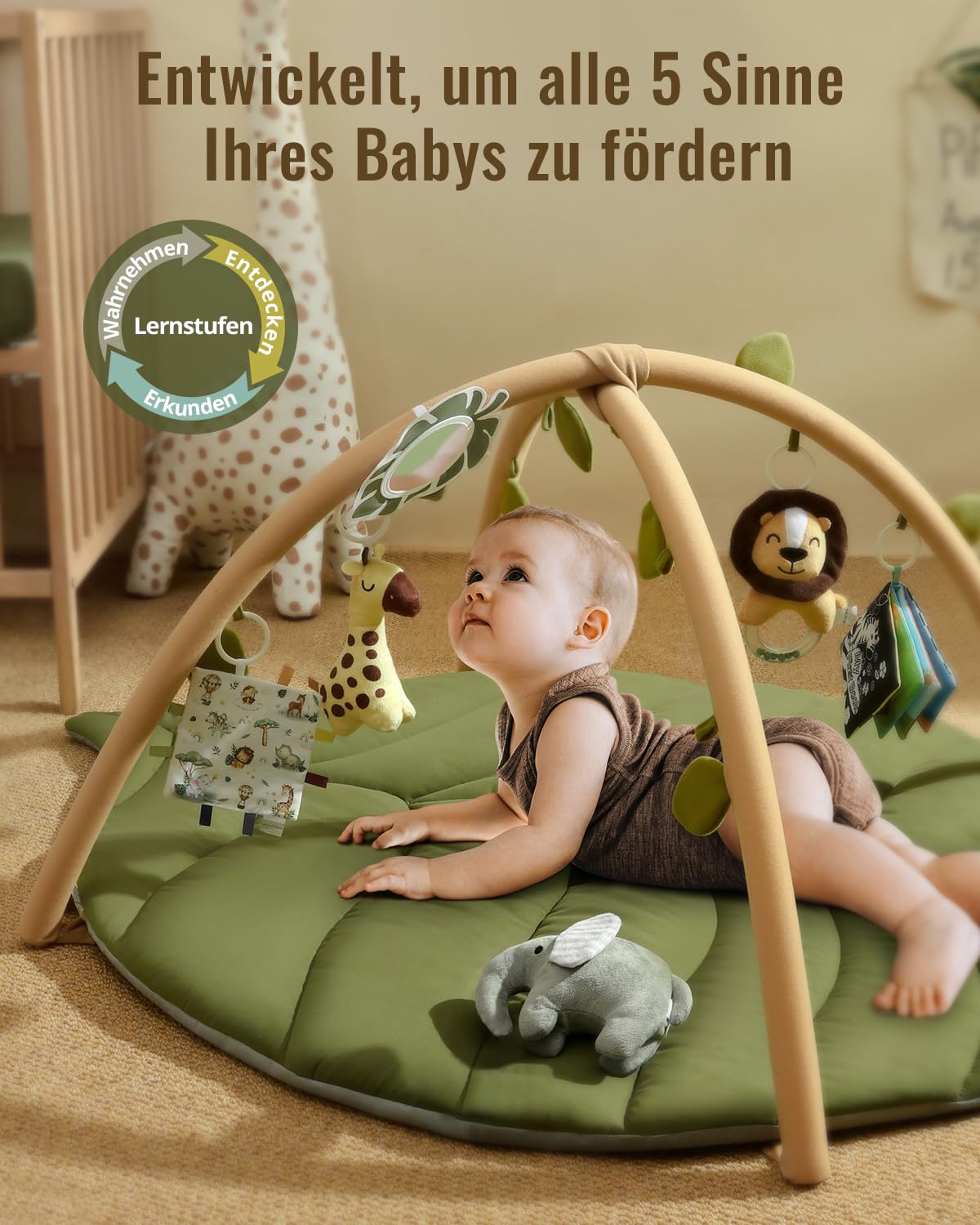 Blissful Diary Spielbogen Baby, Übergroßes Blattförmiges Spieldecke Baby Gym Activity Decke mit 6 Abnehmbare Spielzeuge, krabbeldecke Unverzichtbare Babygeschenke, Waldgrün
