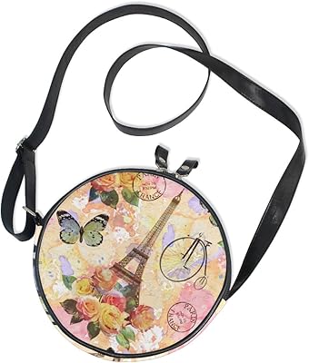 ALAZA Rose Blossom Paris Eiffel Tower Round Crossbody Bag Canvas Messenger Purse