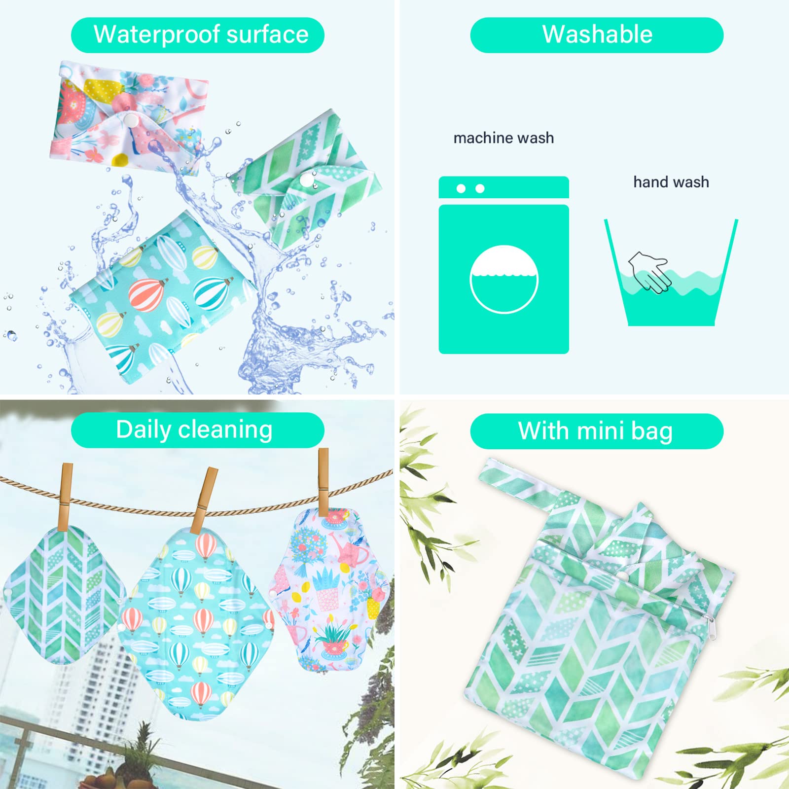 Viedouce - Toalla higiénica lavable, juego de 9 toallas higiénicas reutilizables, toalla higiénica de tela, protege slip lavable con 2 bolsas de almacenamiento impermeables — view 3